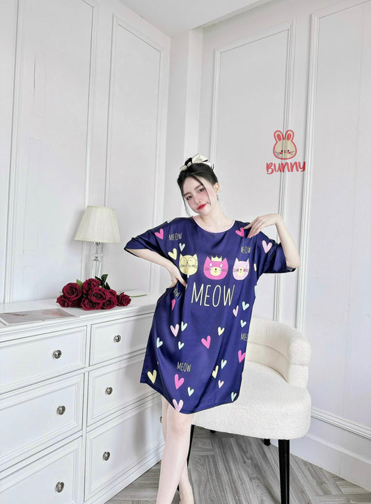 Blue Meow Cats Satin Nightgown