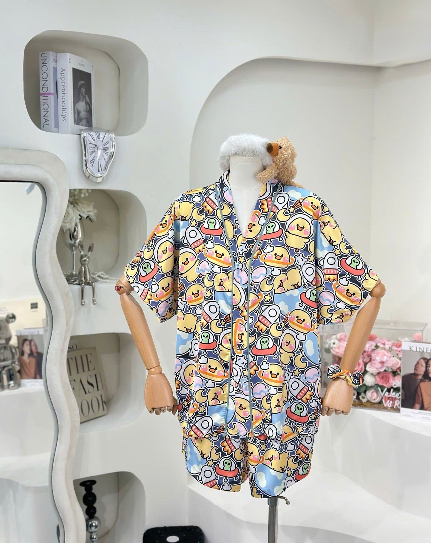 Spaceship Chicken Satin V Neck Pajama Short Set