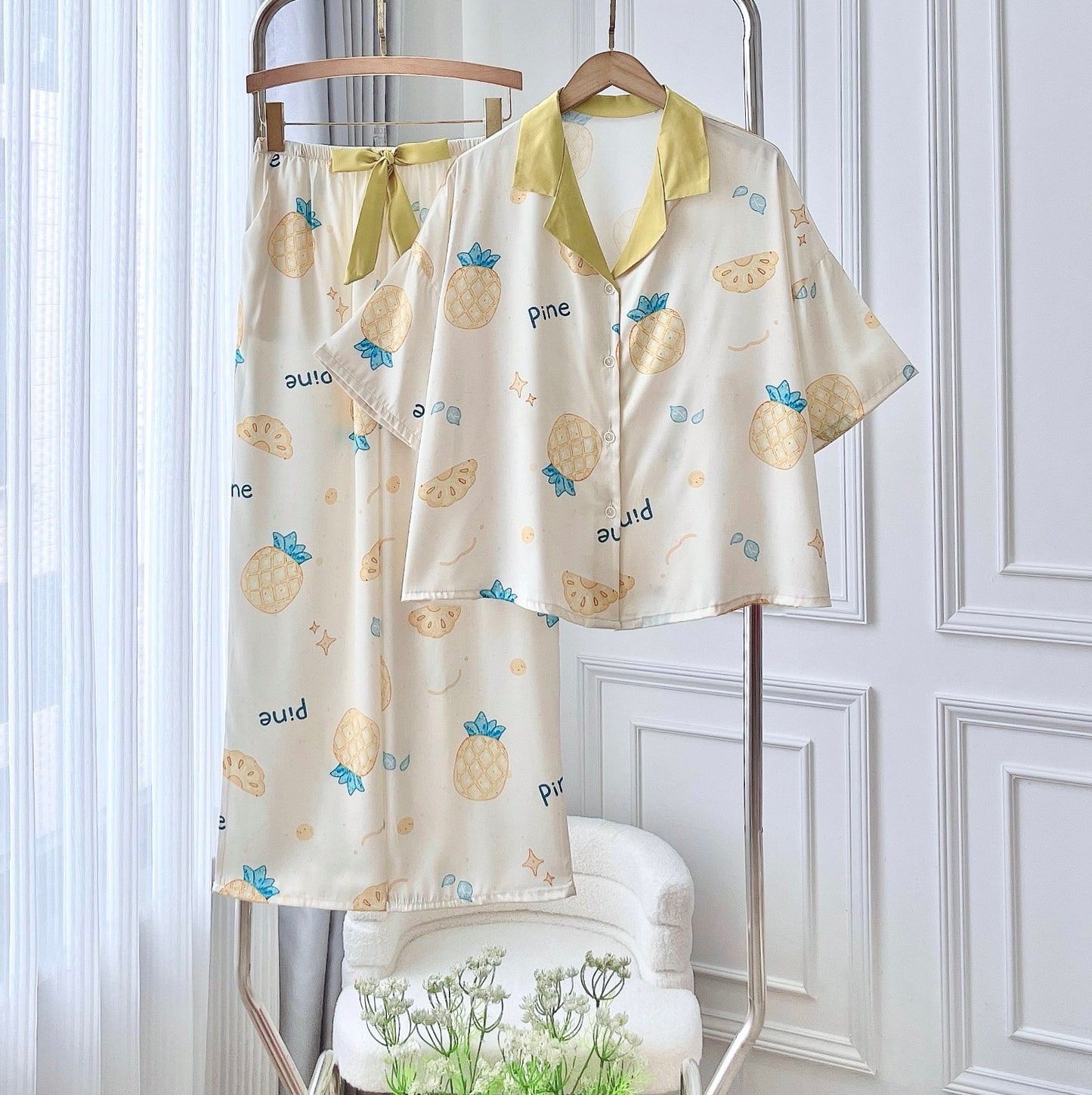 Pastel Yellow Pinapple Satin Pajama Set Short Sleeve