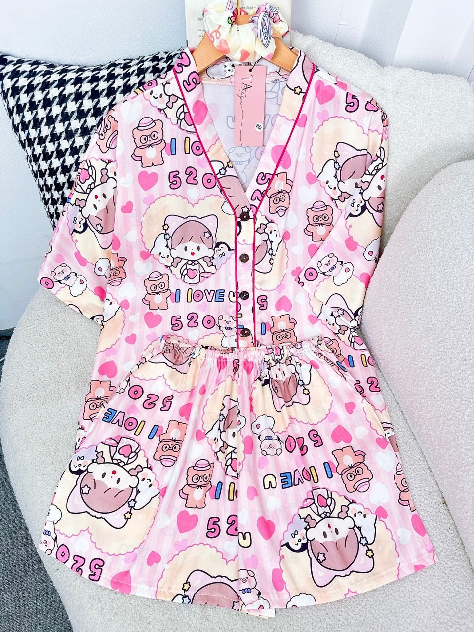 Pink Heart Girl and Cat V Neck Satin Pajama Short Set