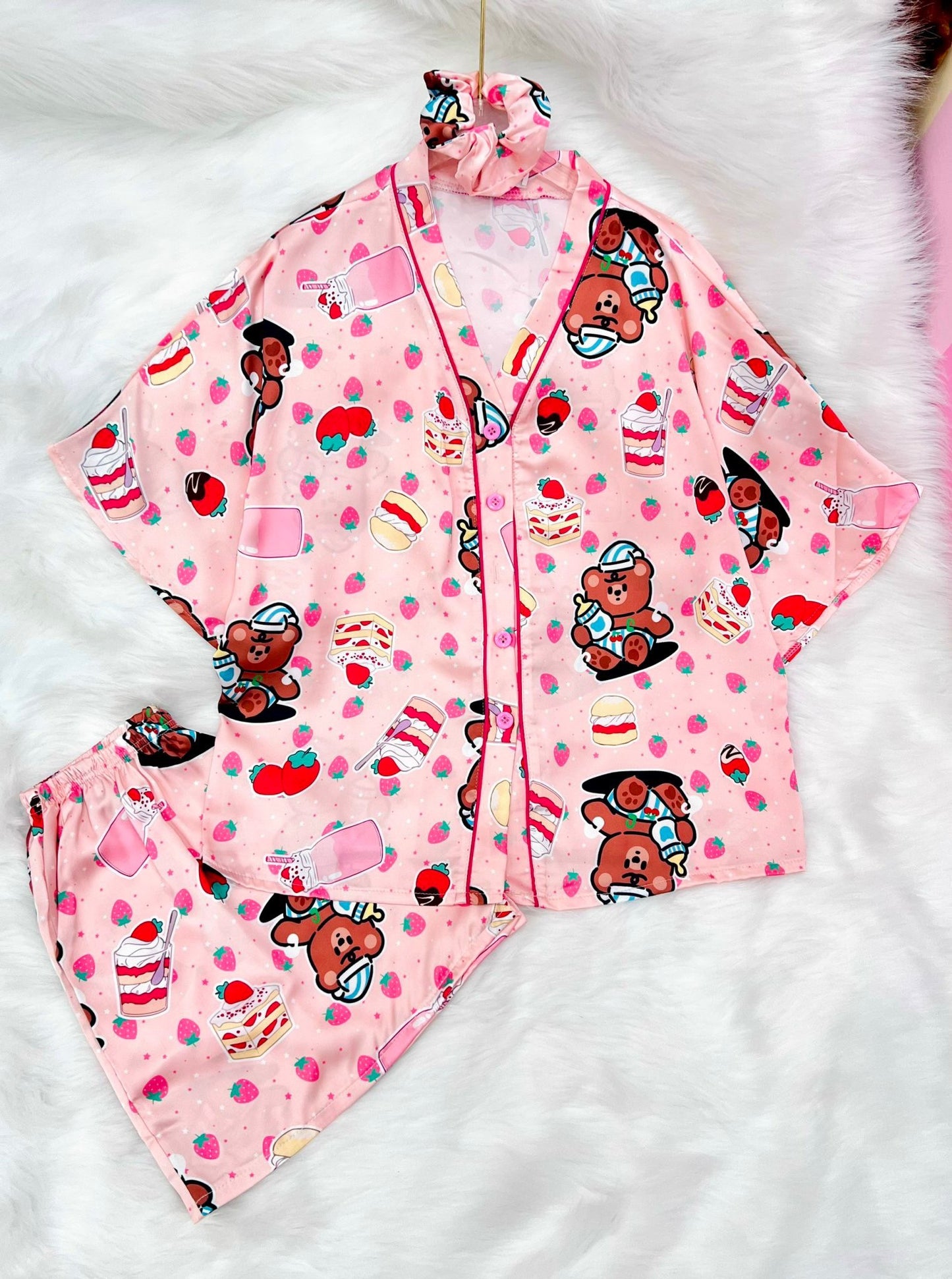 Pink Strawberry Bear Satin V Neck Pajama Short Set