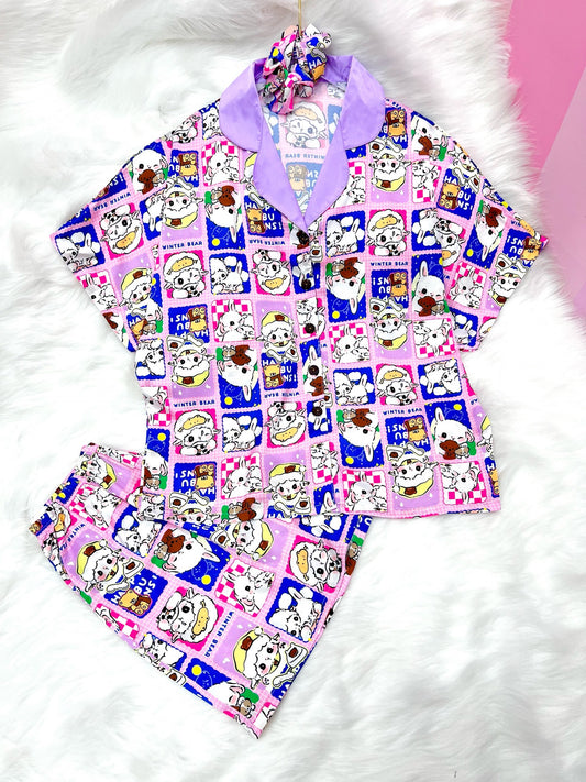 Purple Sheep Satin Pajama Short Set