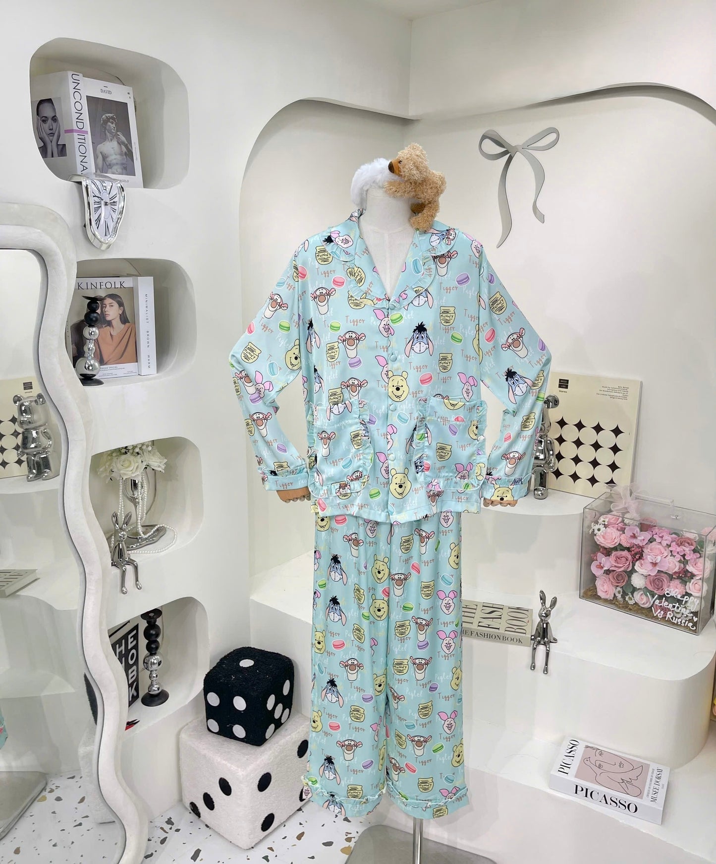 Minty Blue Pooh Bear Satin Pajama Long Sleeve