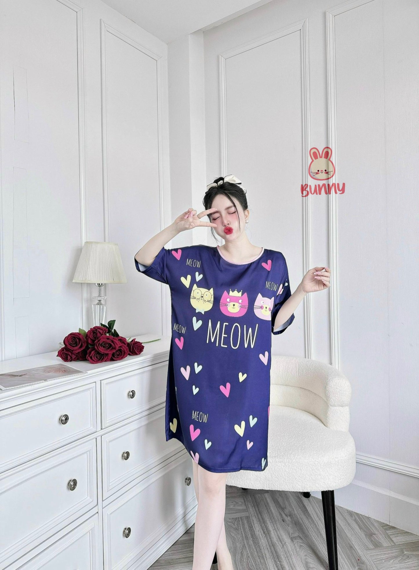 Blue Meow Cats Satin Nightgown