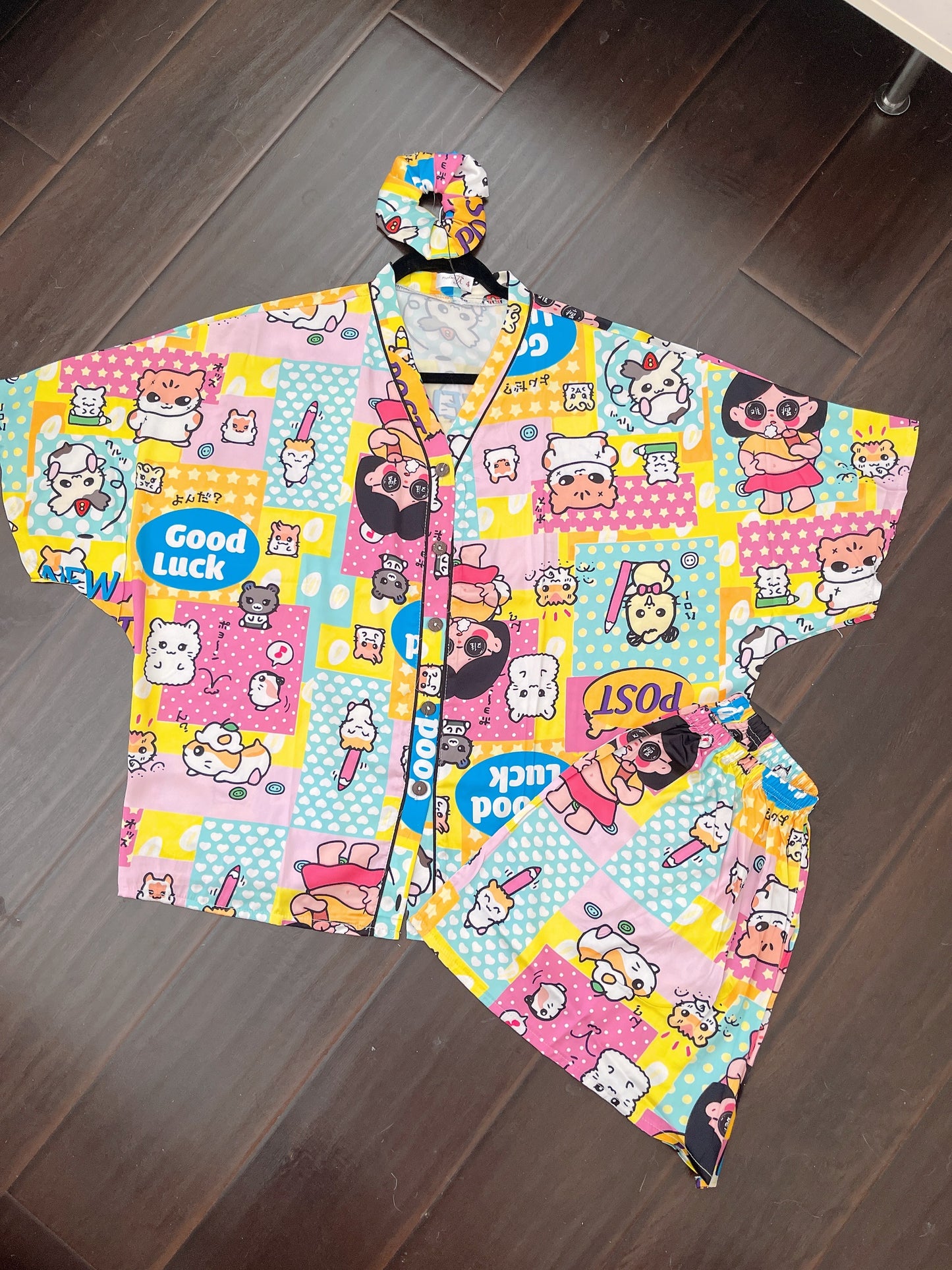 Cool Girl with Sunglasses and Little Hamsters Satin Pajama Short Set