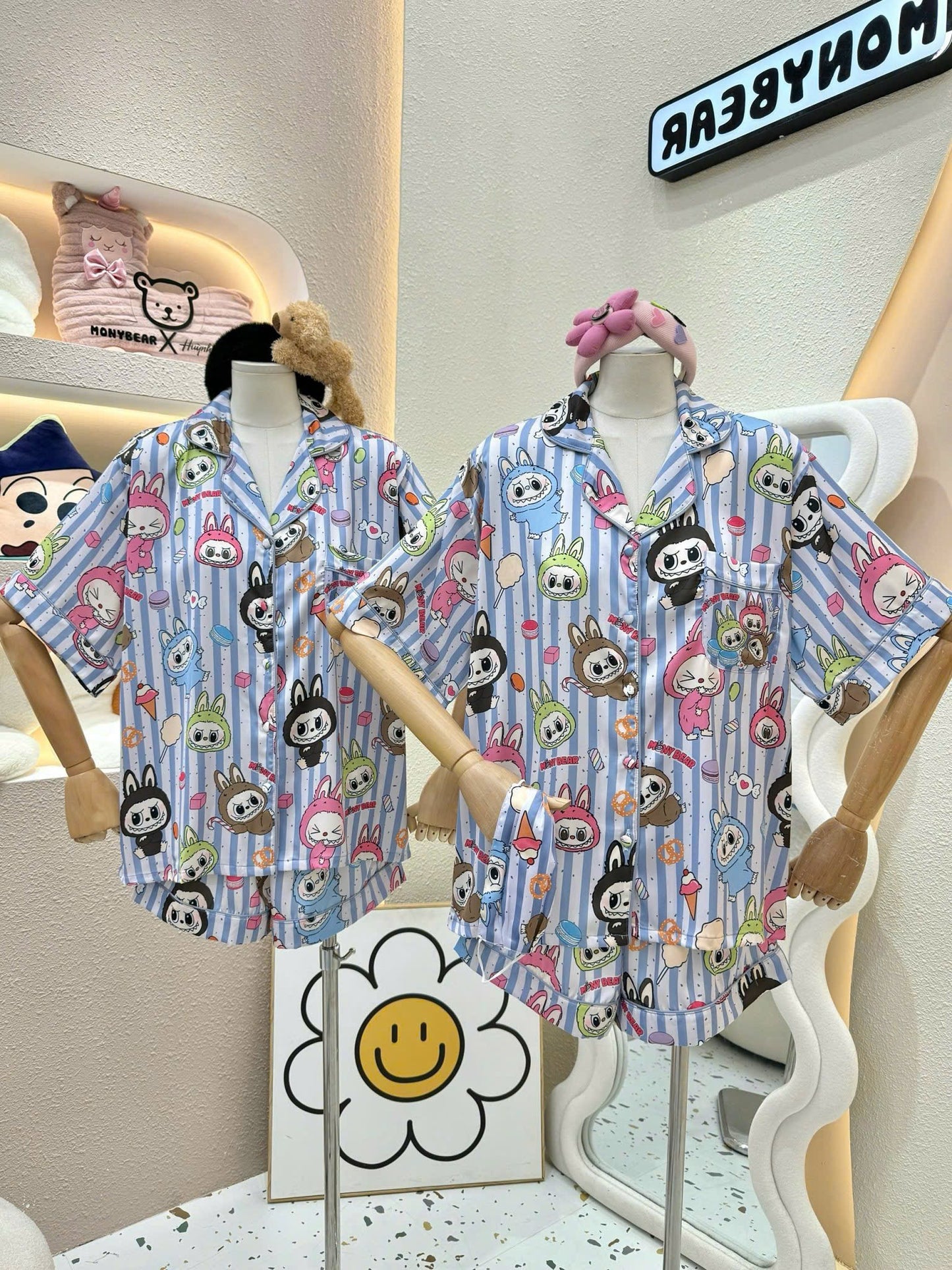 Blue Stripe Popmart Labubu Satin Pajama Short Set