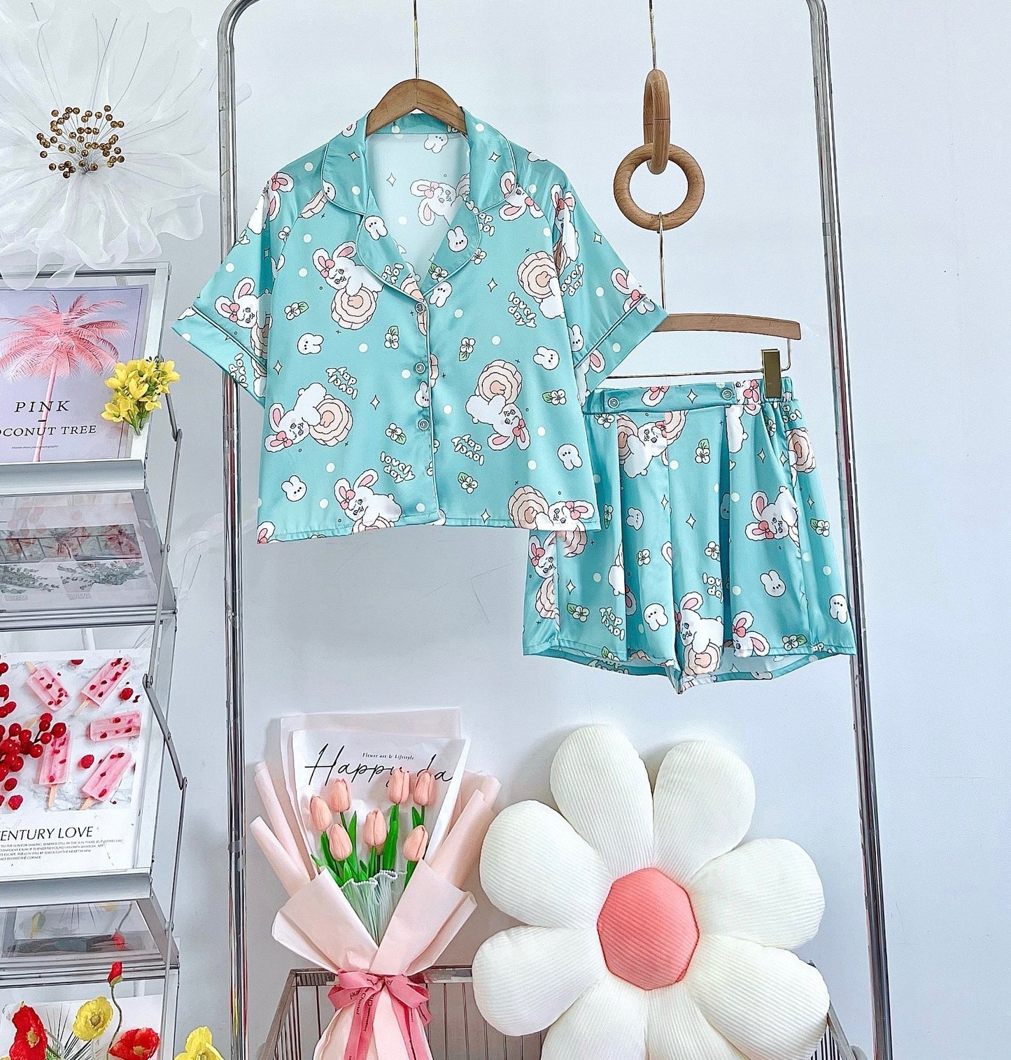 Petite Teal Bunny Satin Pajama Short Set