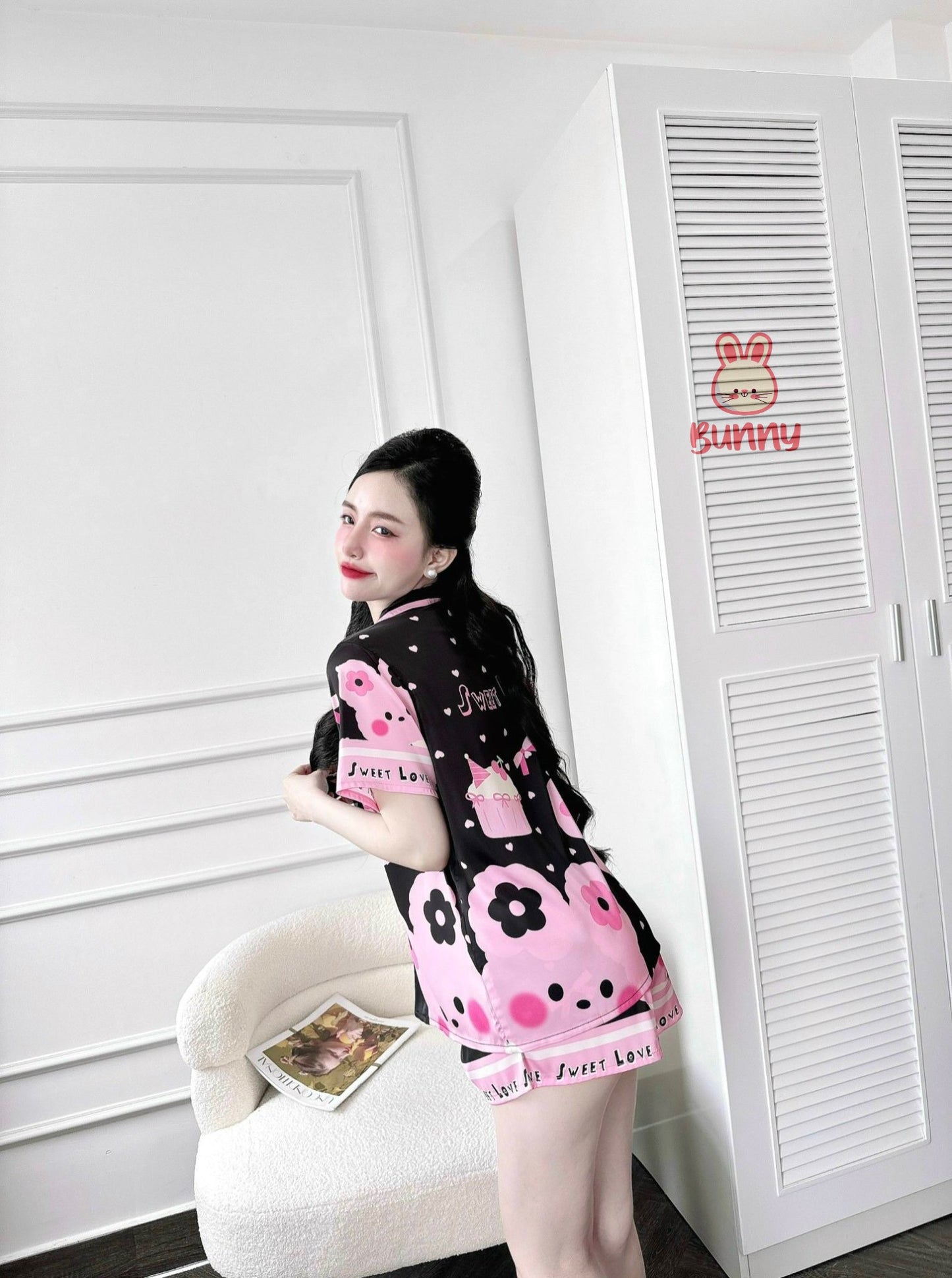 Pink Bunny and Cupcake Satin Pajama Short Set