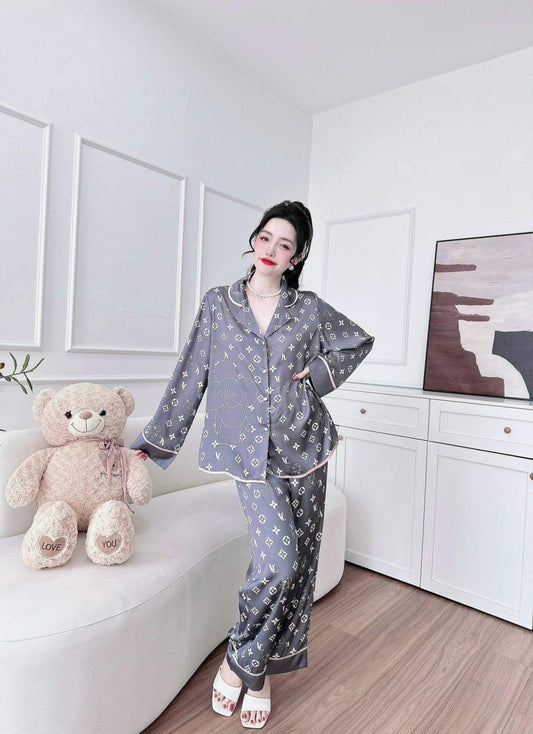 Gray Designer Satin Pajama Long Sleeve