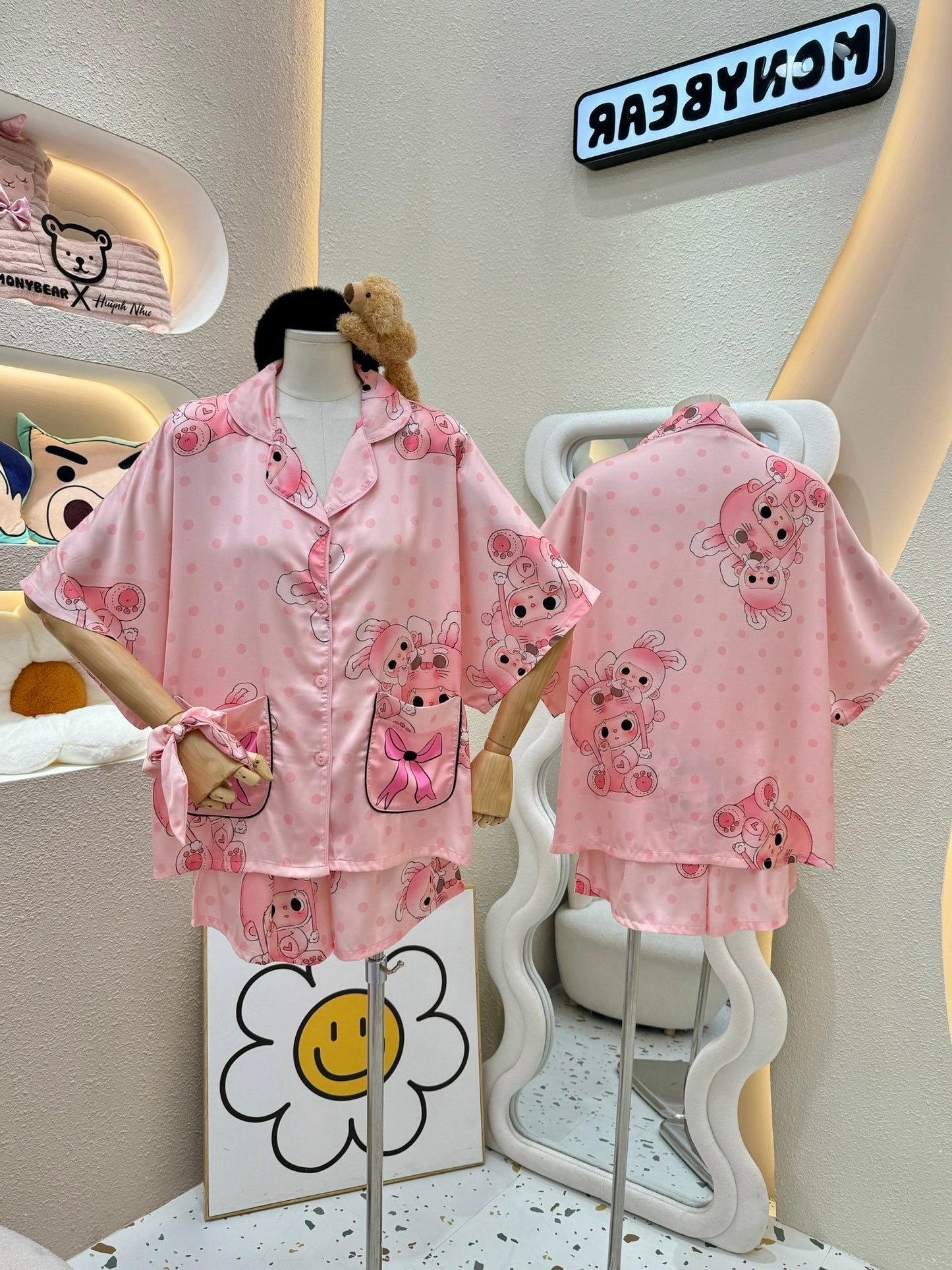 Pink Bunny Girl Satin Pajama Short Set