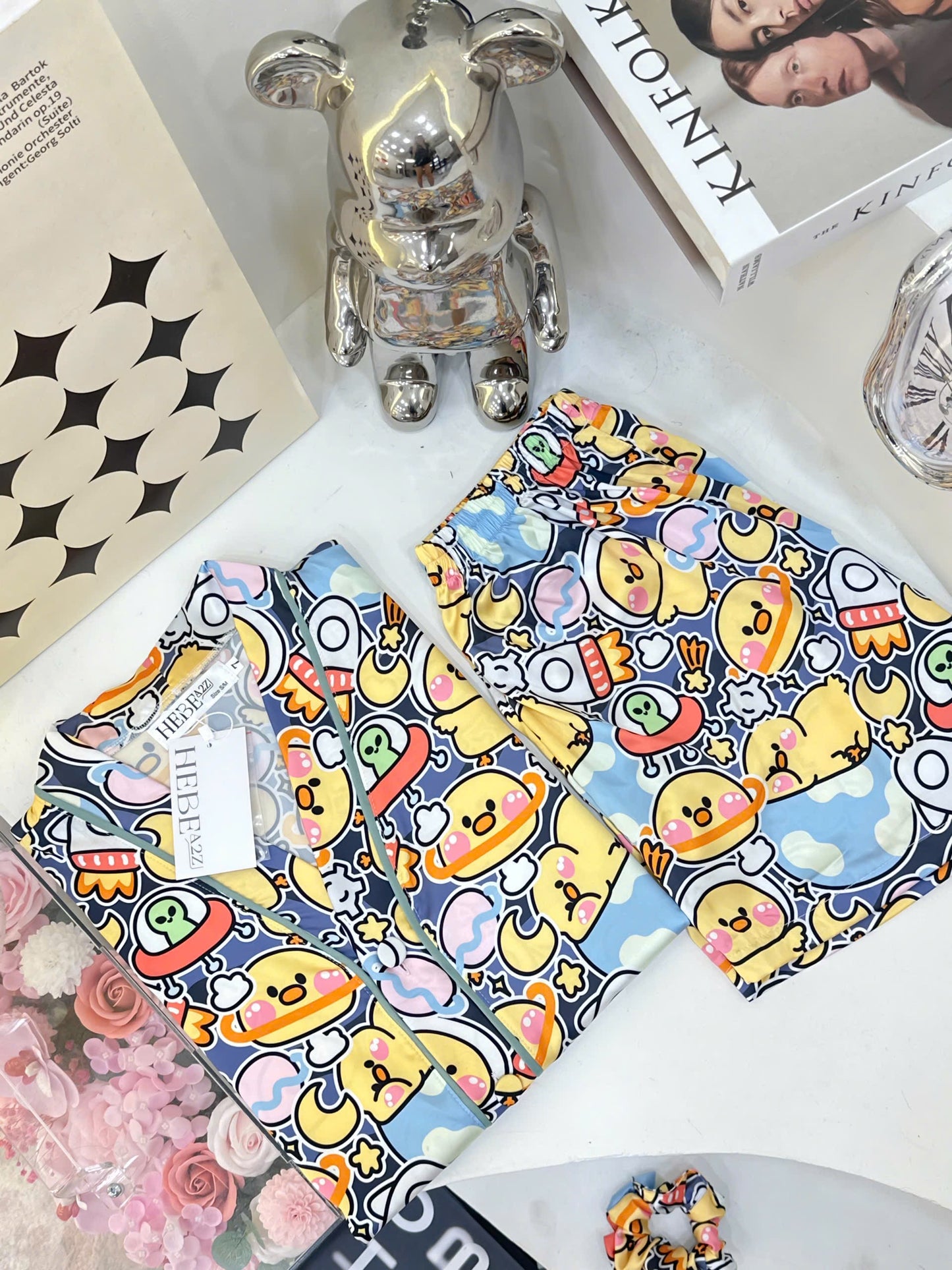 Spaceship Chicken Satin V Neck Pajama Short Set