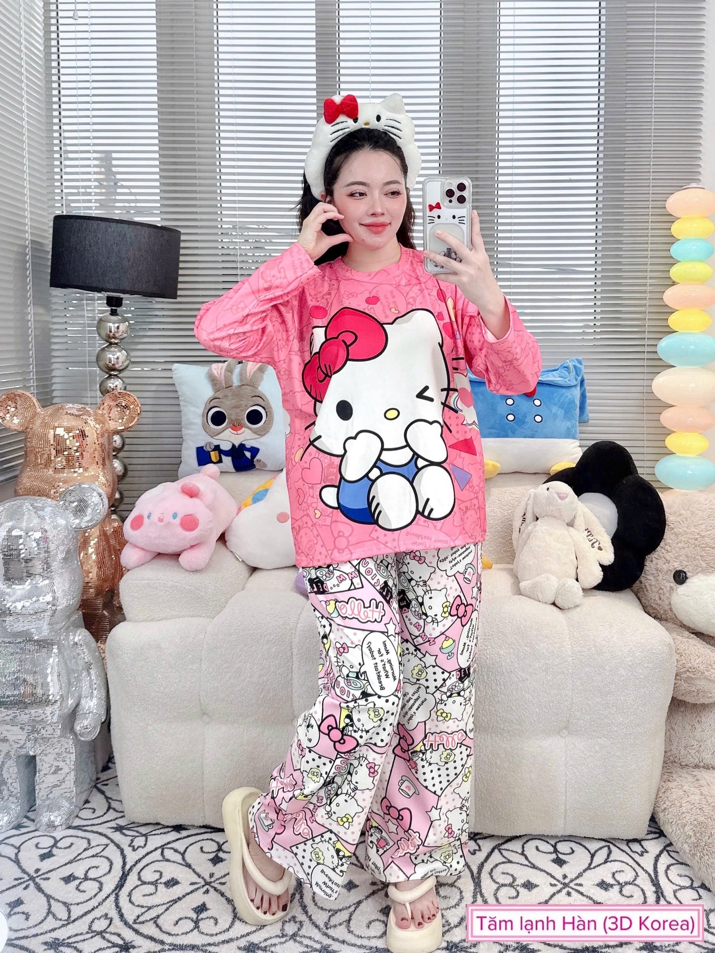 Cute Hello Kitty Ribbed Cotton Pajama Long Sleeve