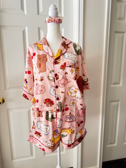 Pink Cute Animals Satin Pajama Short Set