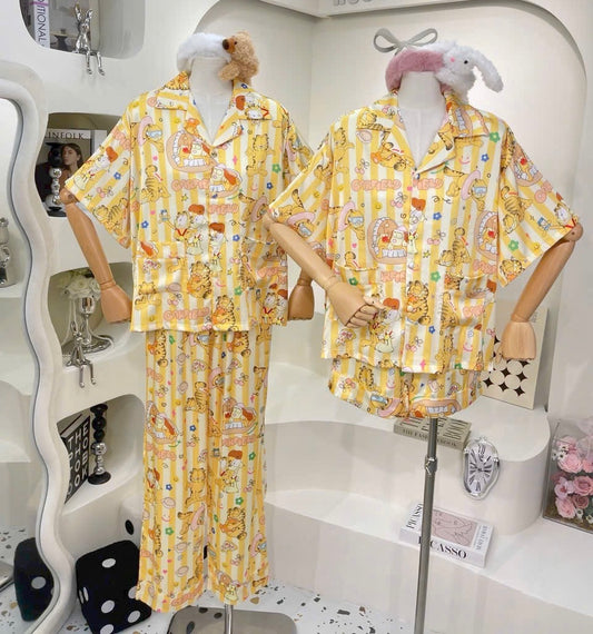 4 Pieces Yellow Stripe Garfield Satin Pajama Set