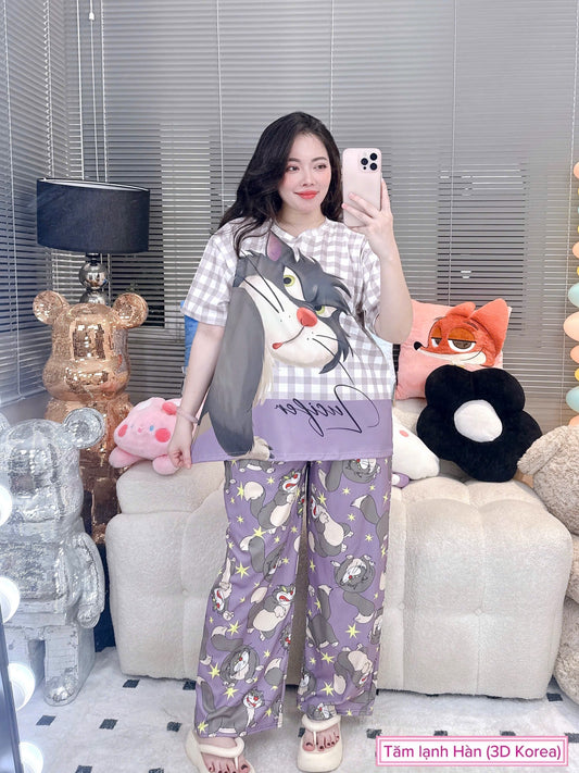 Lucifer Cat Ribbed Cotton Pajama Short Sleeve