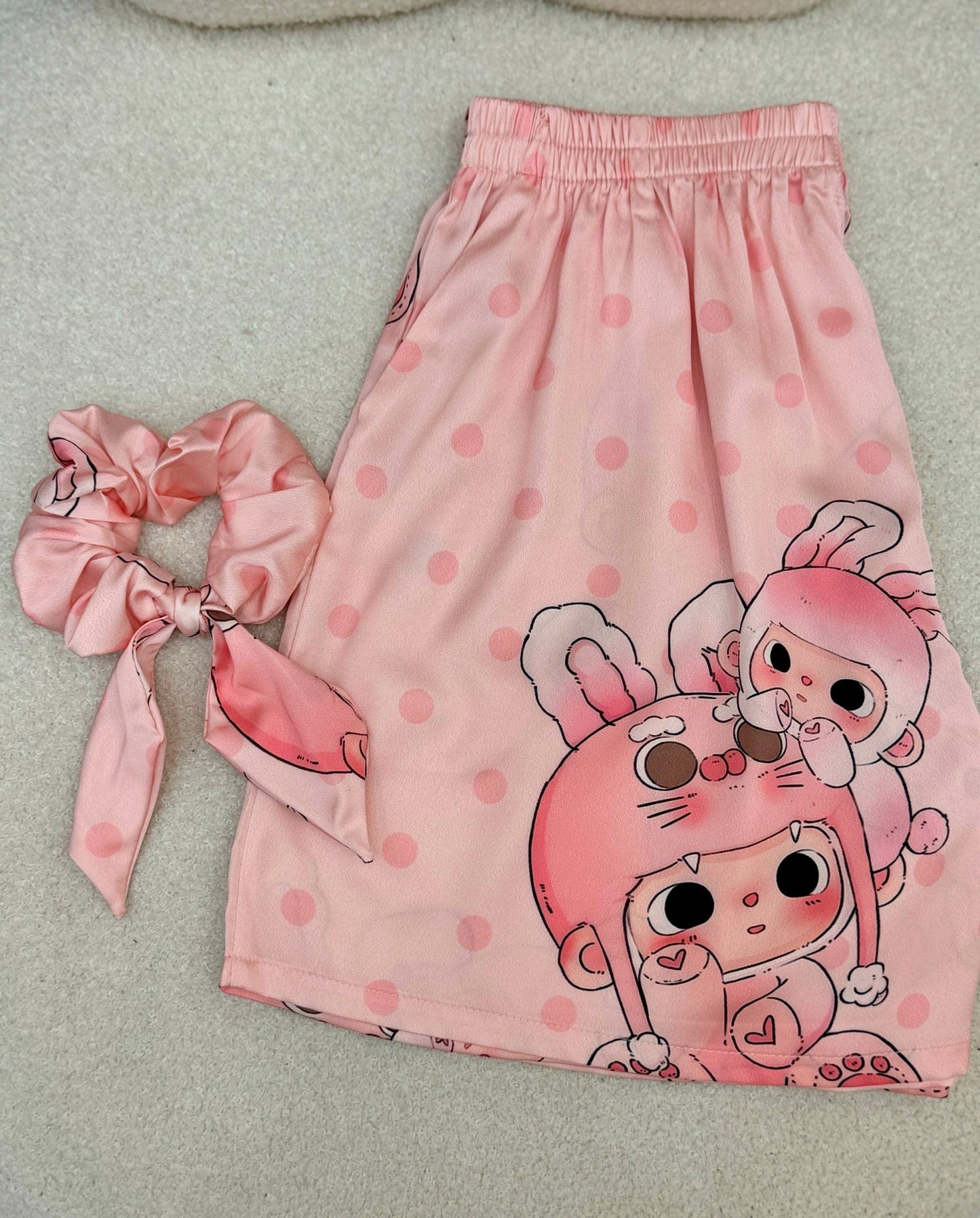 Pink Bunny Girl Satin Pajama Short Set