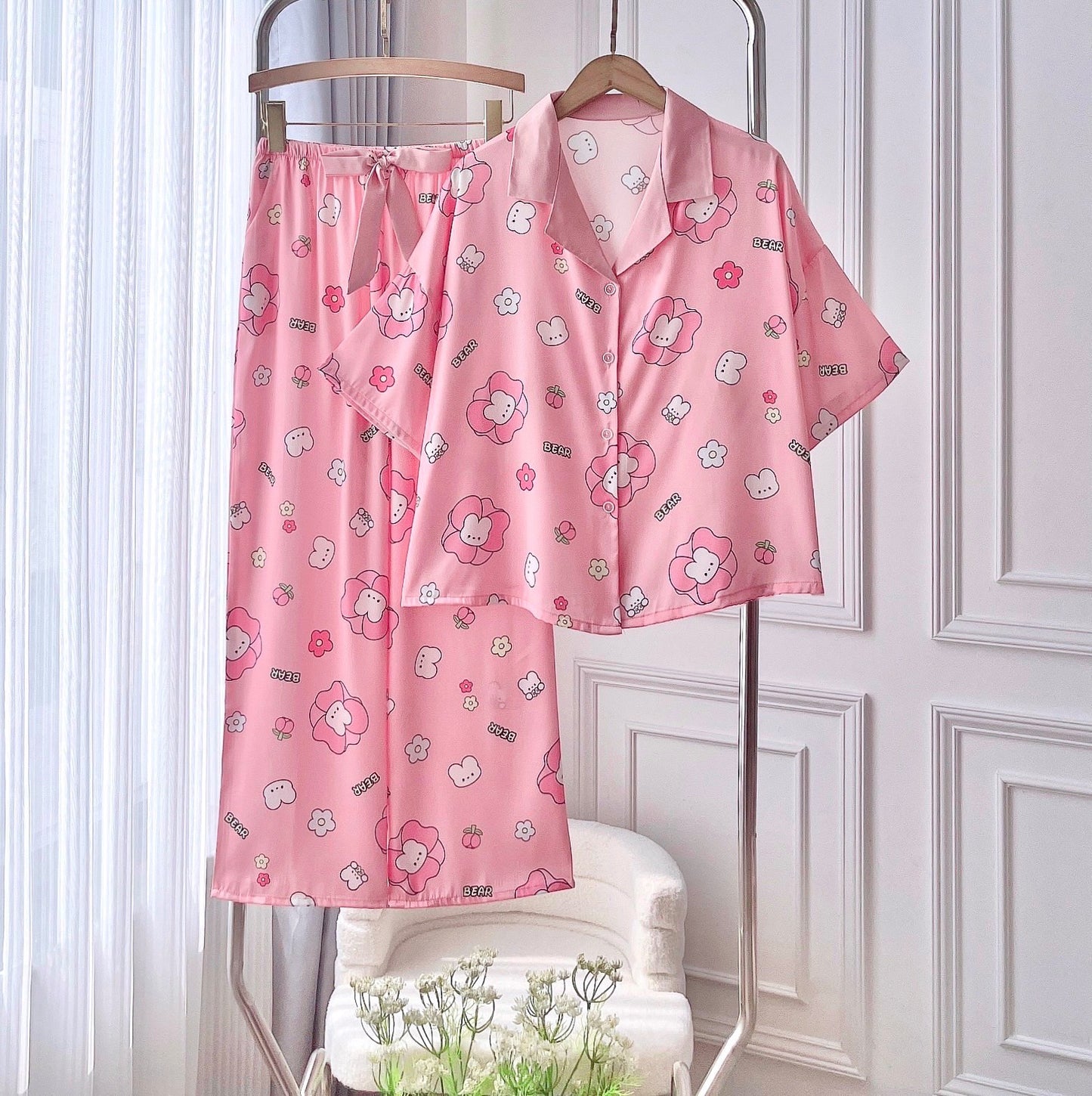 Pink Flower Bear Satin Pajama Short Sleeve