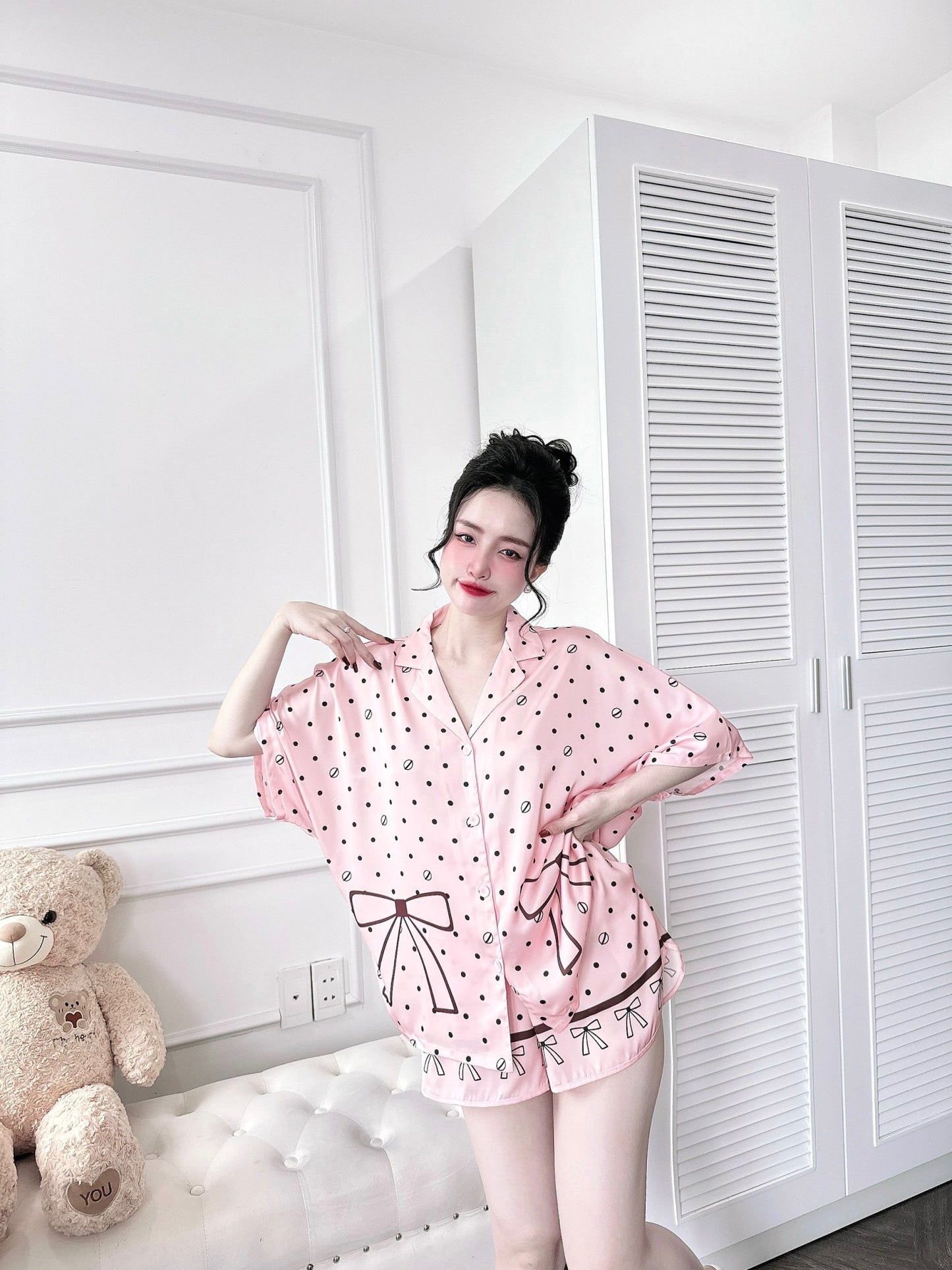 Pink Poka Dot Satin Simplicity Pajama Short Set