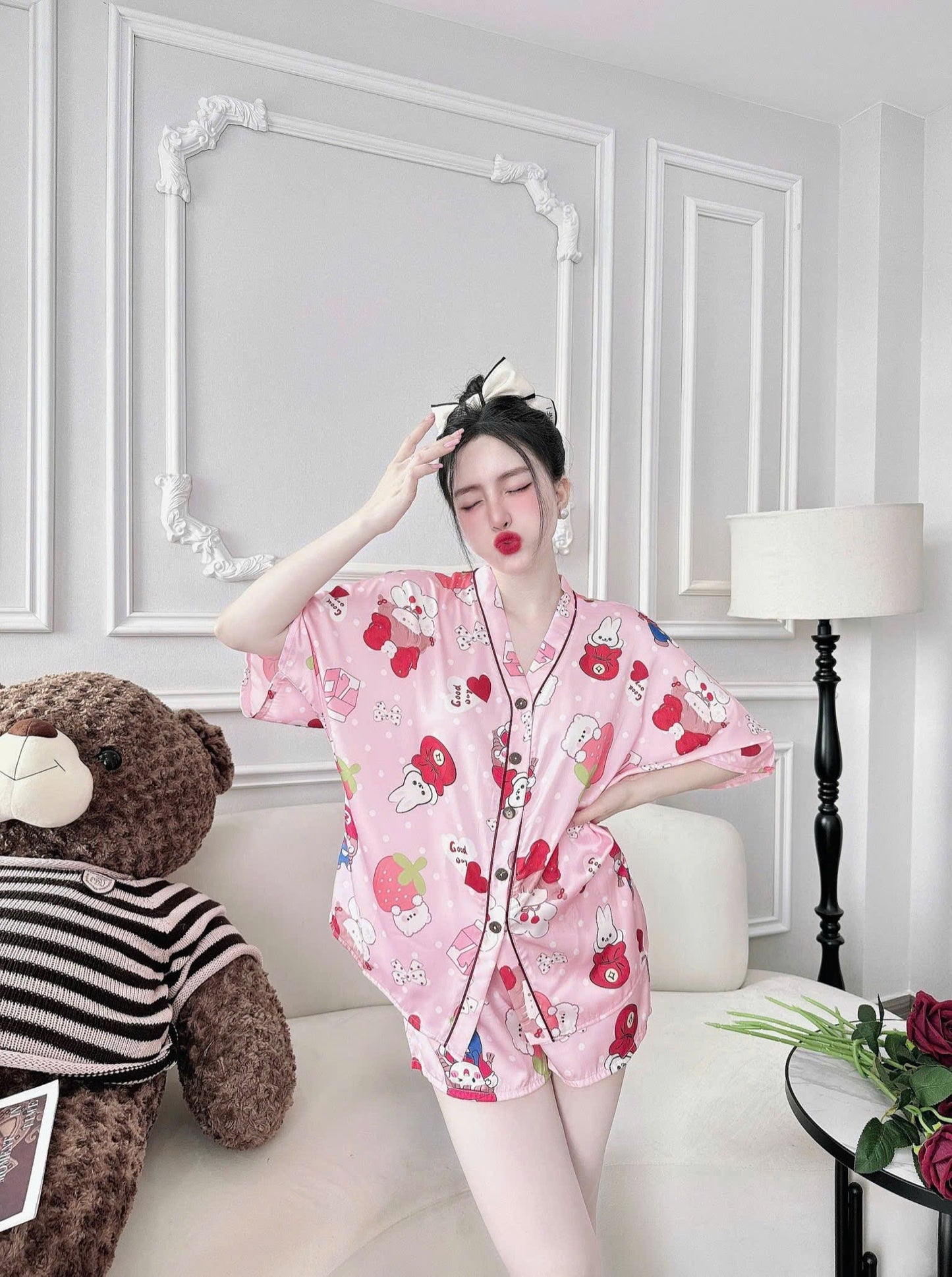 Cute Lucky Bunny Satin Pajama Short Set