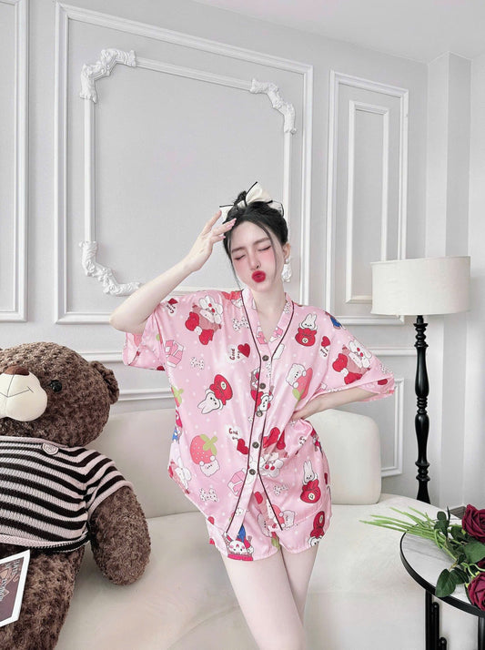 Cute Lucky Bunny Satin Pajama Short Set