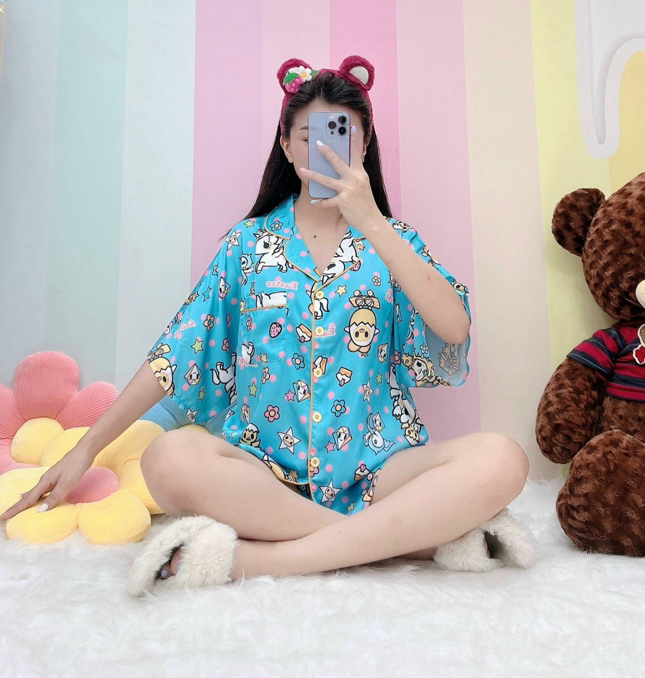 Blue Unicorn Satin Pajama Short Set