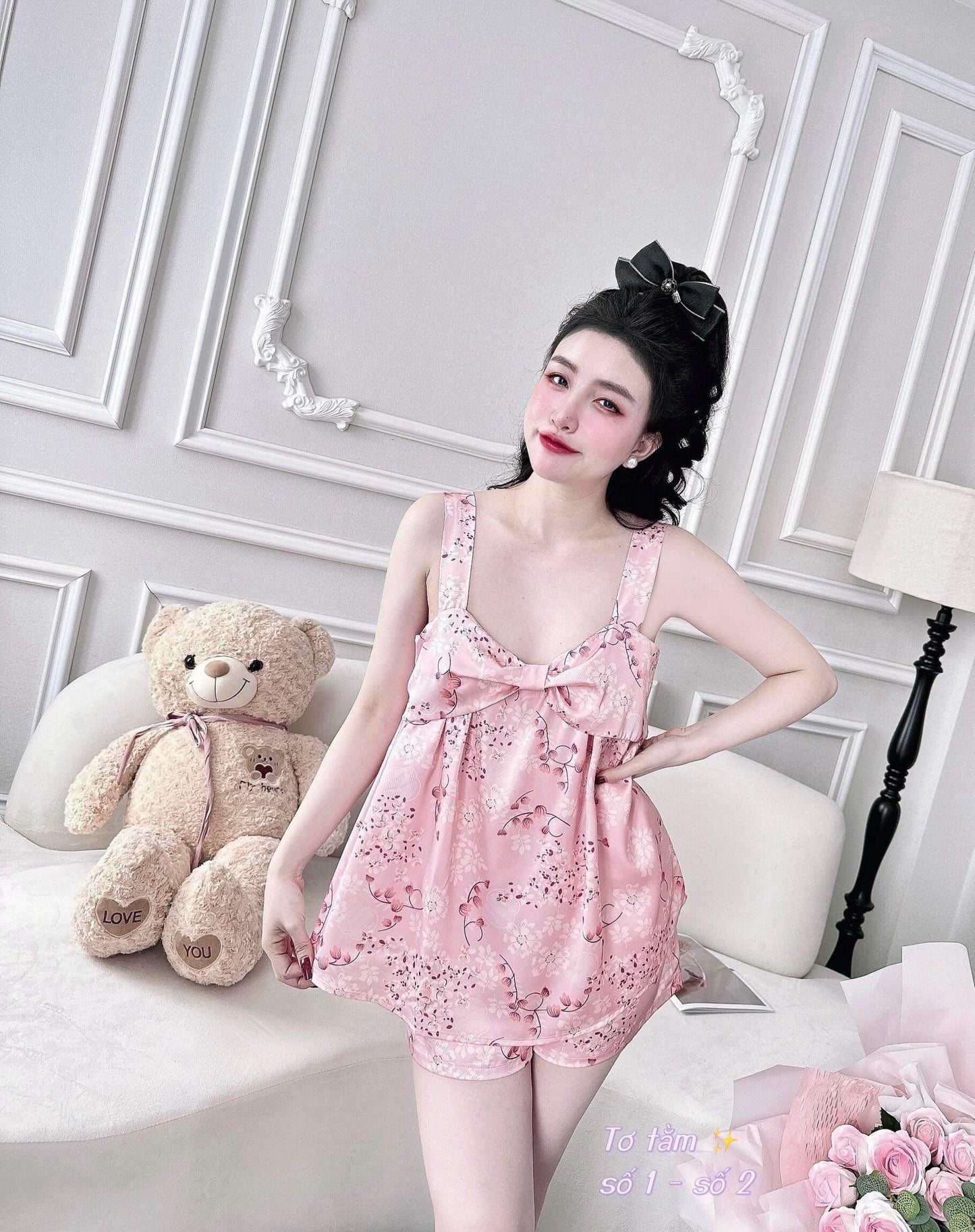 Twisted Knot Bow Tie Satin Thick Strap Tank Top Pajama Short Set