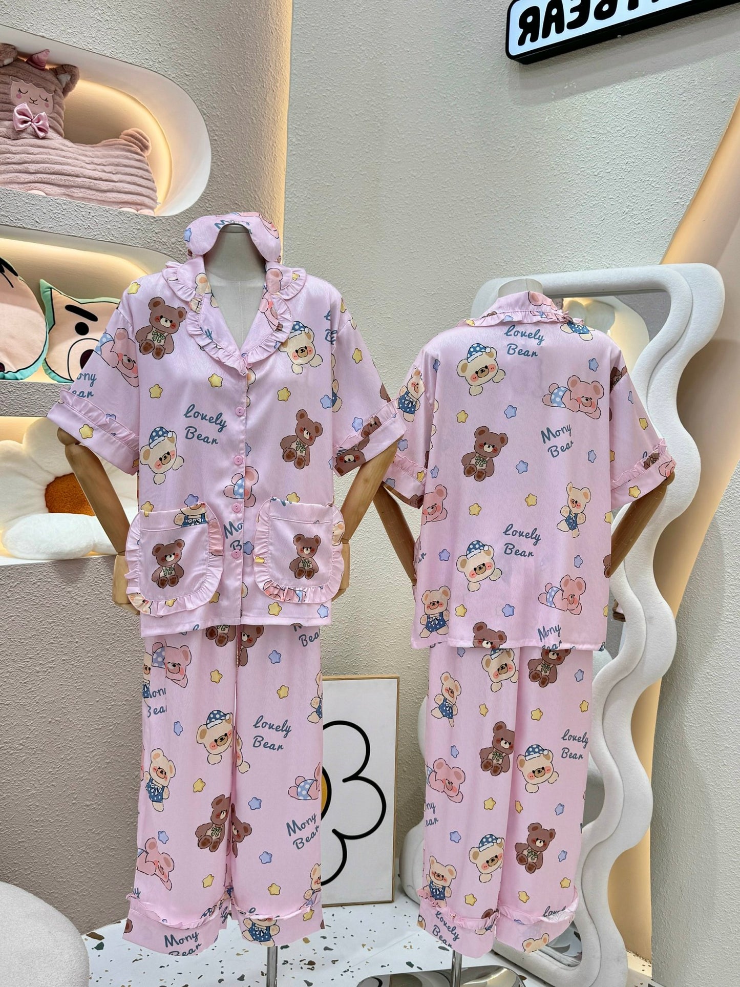 Pink Bear Satin Pajama Short Sleeve