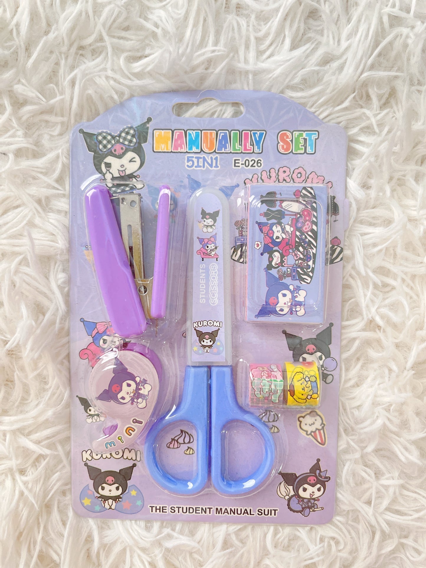 Cute Kawaii Sanrio Characters 5 in 1 Student Stationery Set, Scissors, Stapler, Pompompurin, My Melody, Cinnamoroll, Kuromi, Back To School