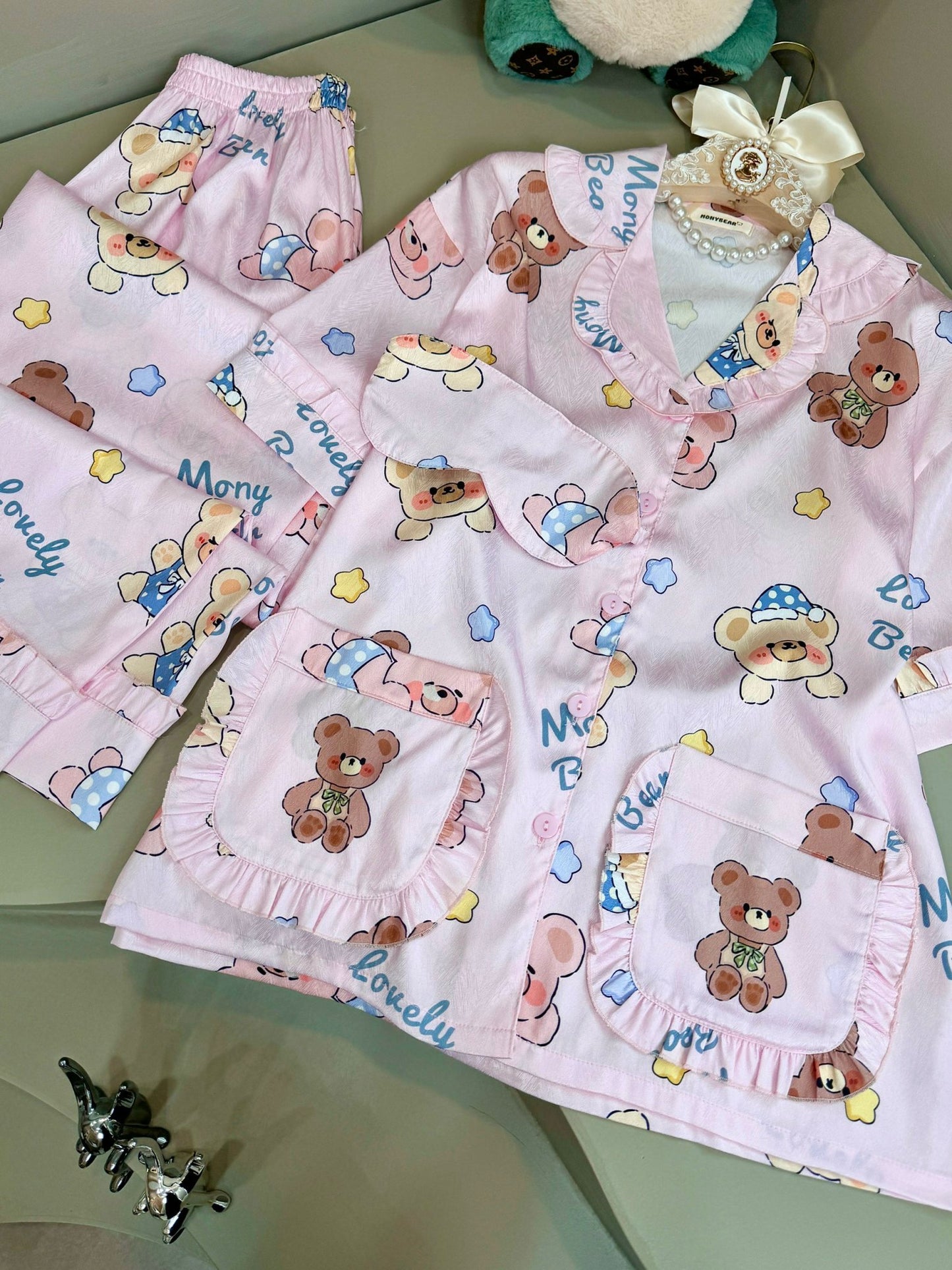 Pink Bear Satin Pajama Short Sleeve