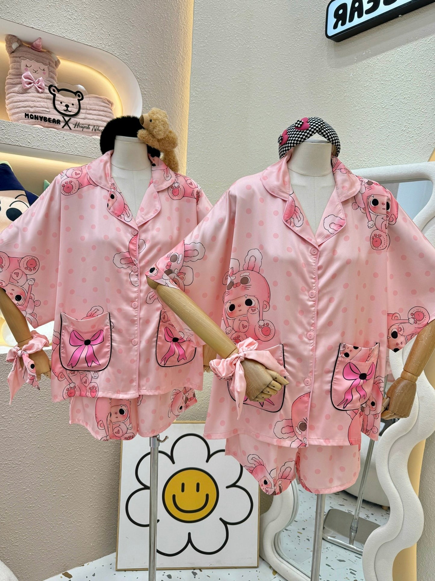 Pink Bunny Girl Satin Pajama Short Set