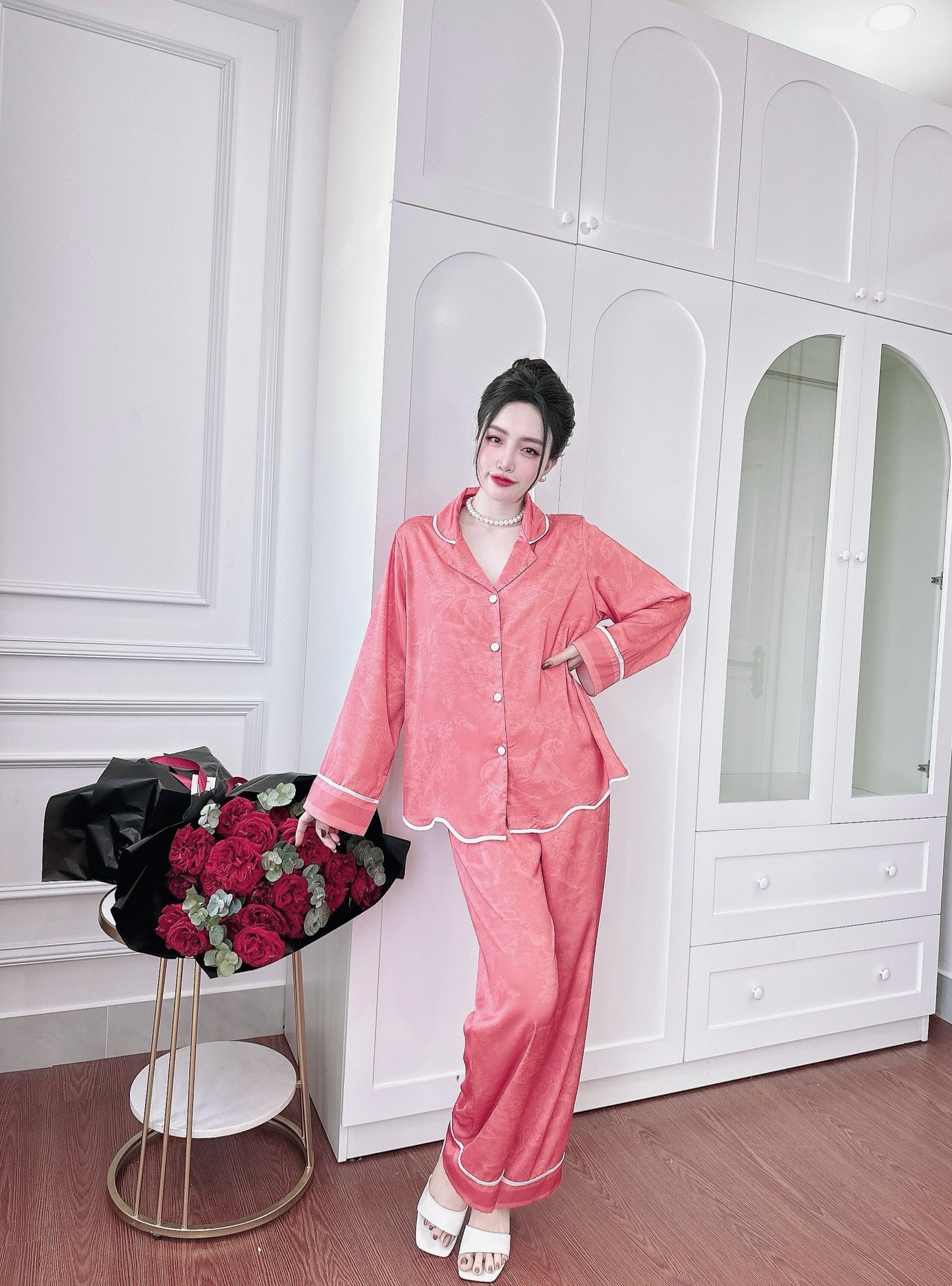 Coral Designer Inspired Satin Pajama Long Sleeve