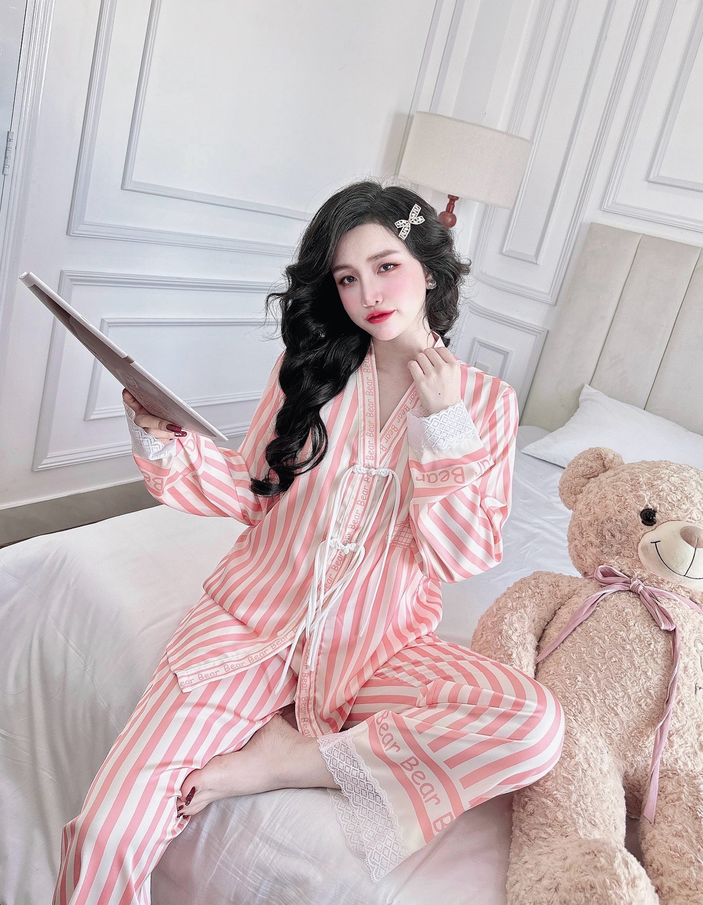 Petite Coral Stripe Bear Satin Pajama Long Sleeve