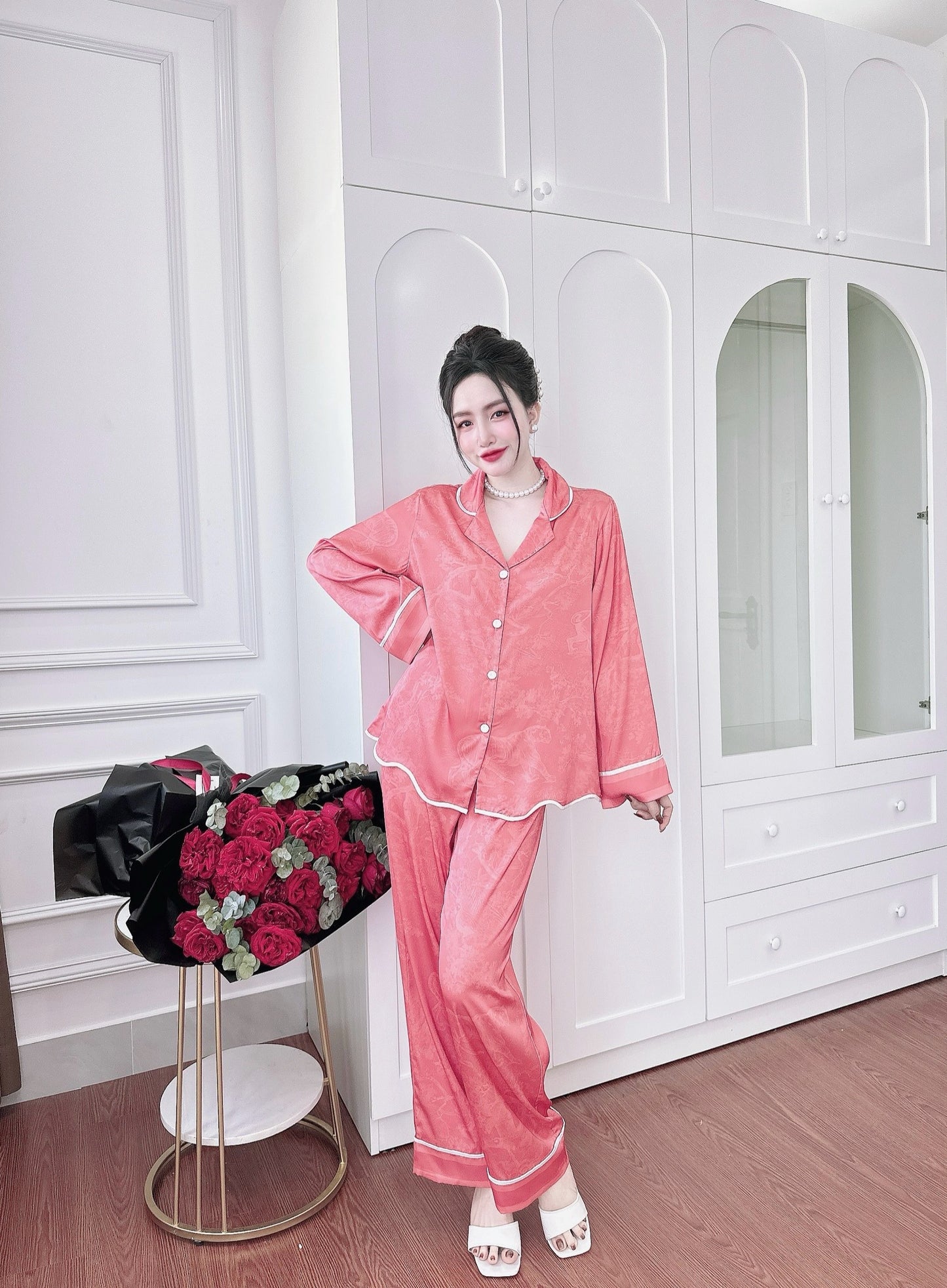 Coral Designer Inspired Satin Pajama Long Sleeve