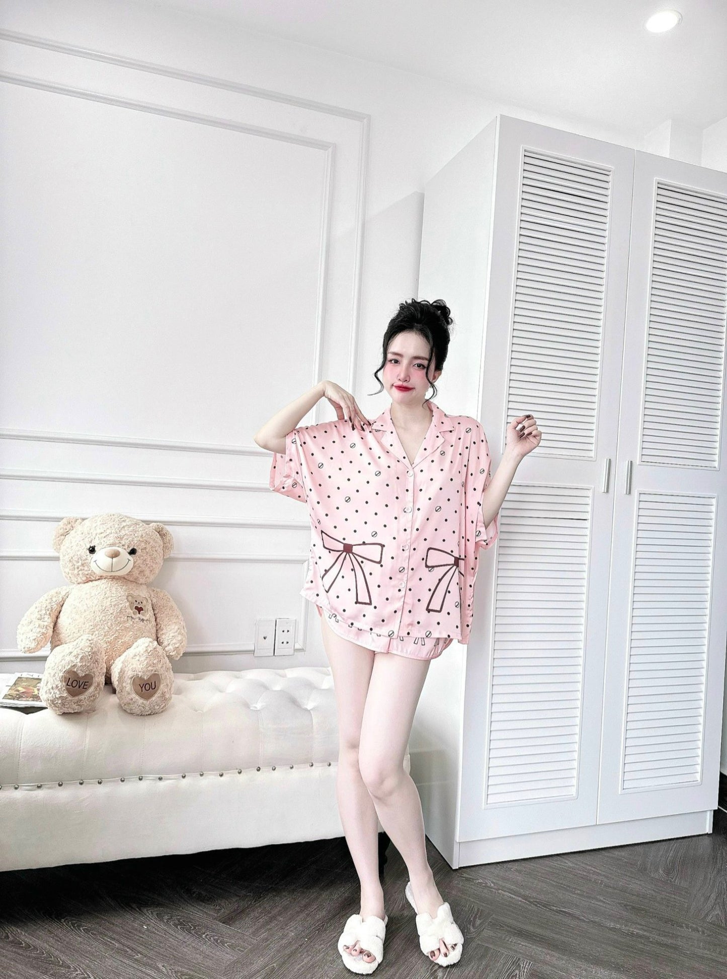 Pink Poka Dot Satin Simplicity Pajama Short Set