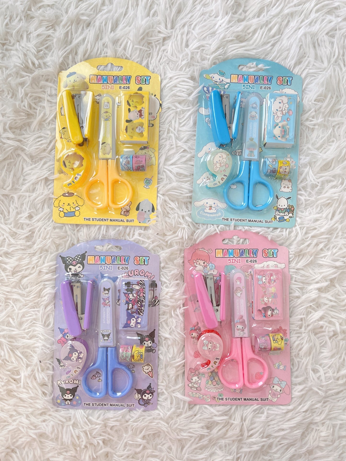 Cute Kawaii Sanrio Characters 5 in 1 Student Stationery Set, Scissors, Stapler, Pompompurin, My Melody, Cinnamoroll, Kuromi, Back To School