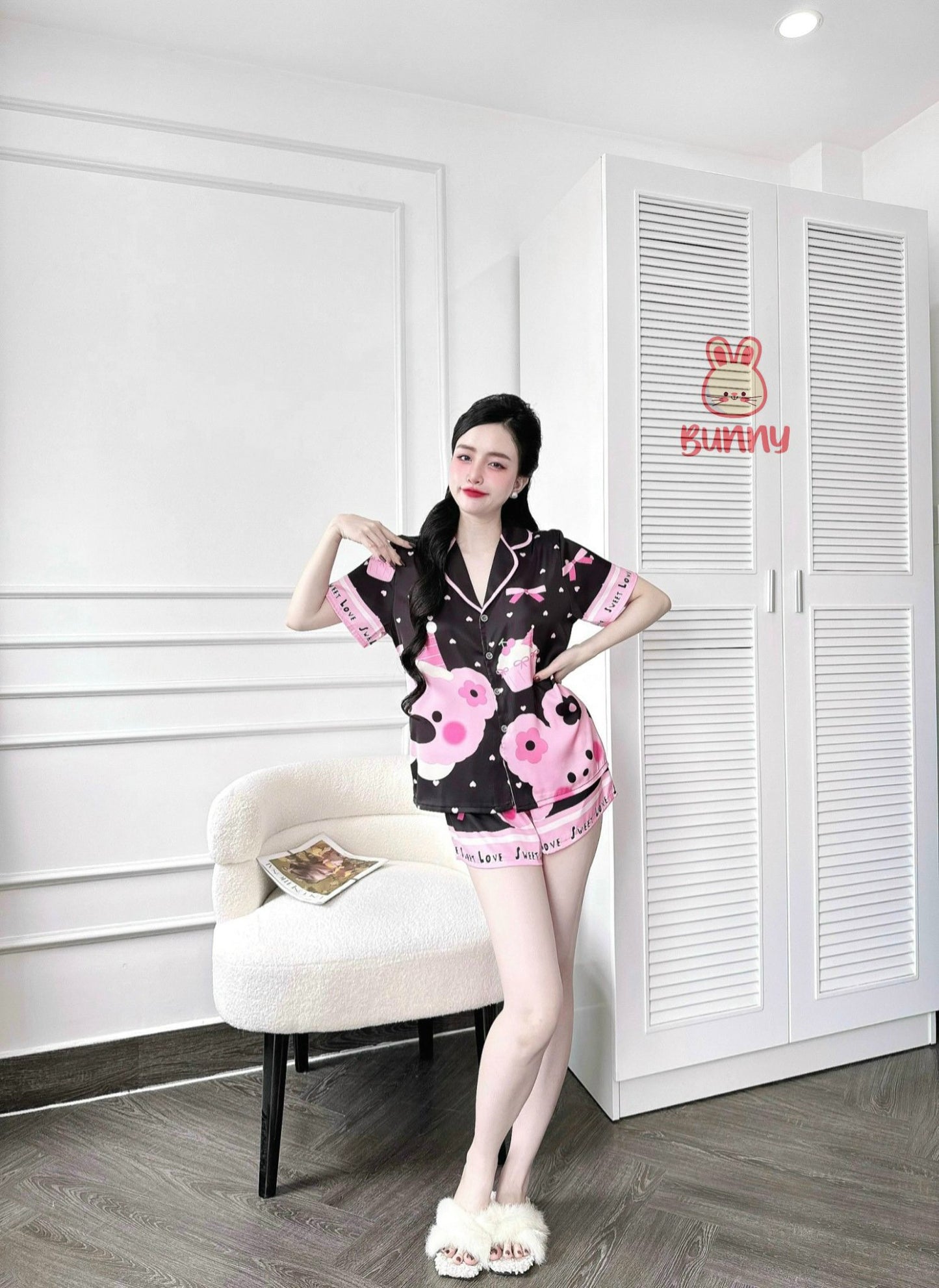 Pink Bunny and Cupcake Satin Pajama Short Set