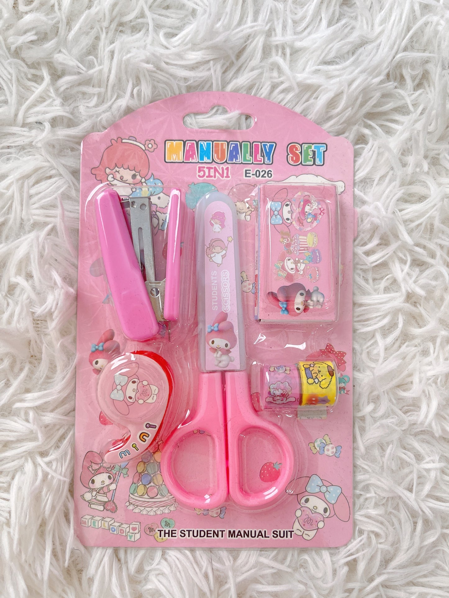 Cute Kawaii Sanrio Characters 5 in 1 Student Stationery Set, Scissors, Stapler, Pompompurin, My Melody, Cinnamoroll, Kuromi, Back To School