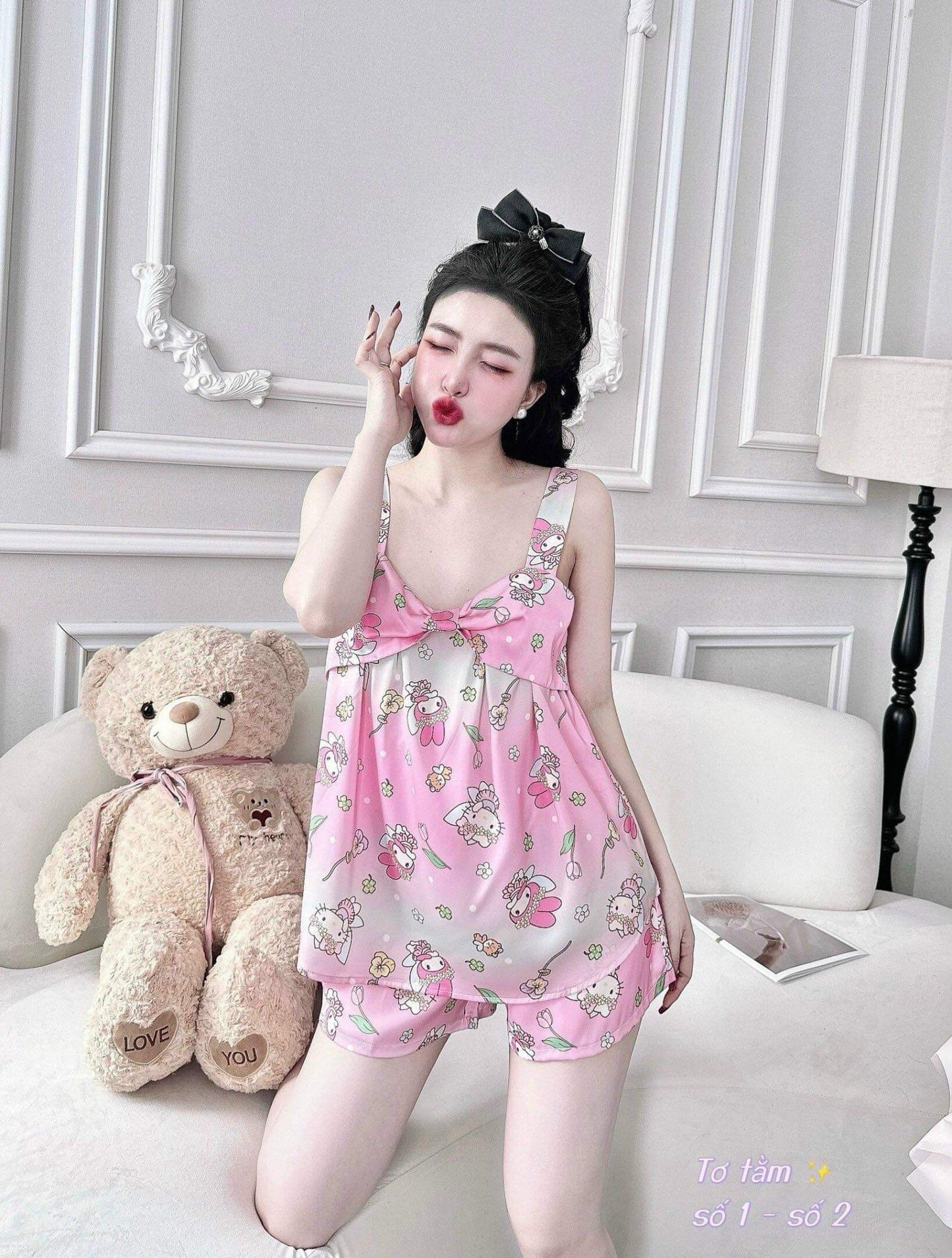 Twisted Knot Bow Tie Satin Thick Strap Tank Top Pajama Short Set