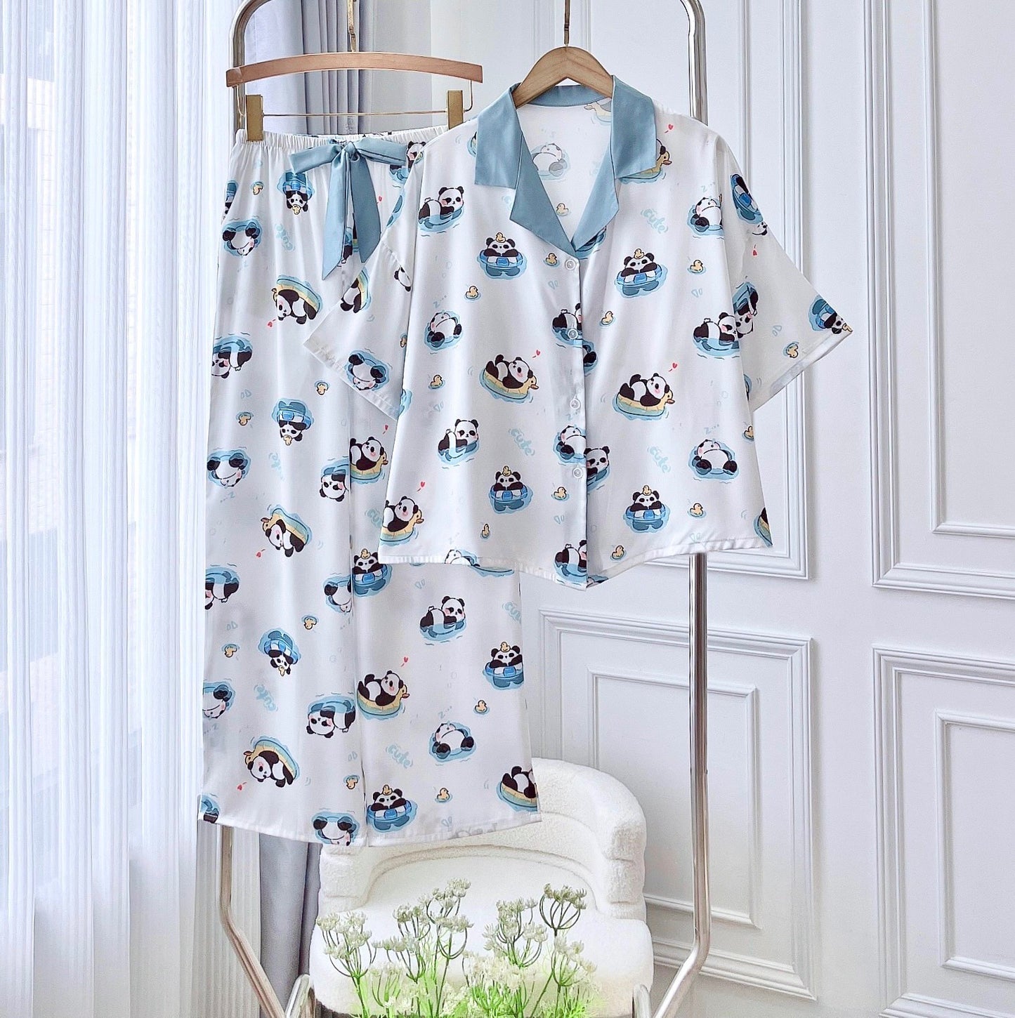 White Panda Satin Pajama Short Sleeve