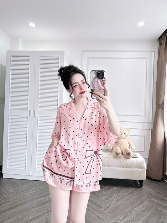 Pink Poka Dot Satin Simplicity Pajama Short Set