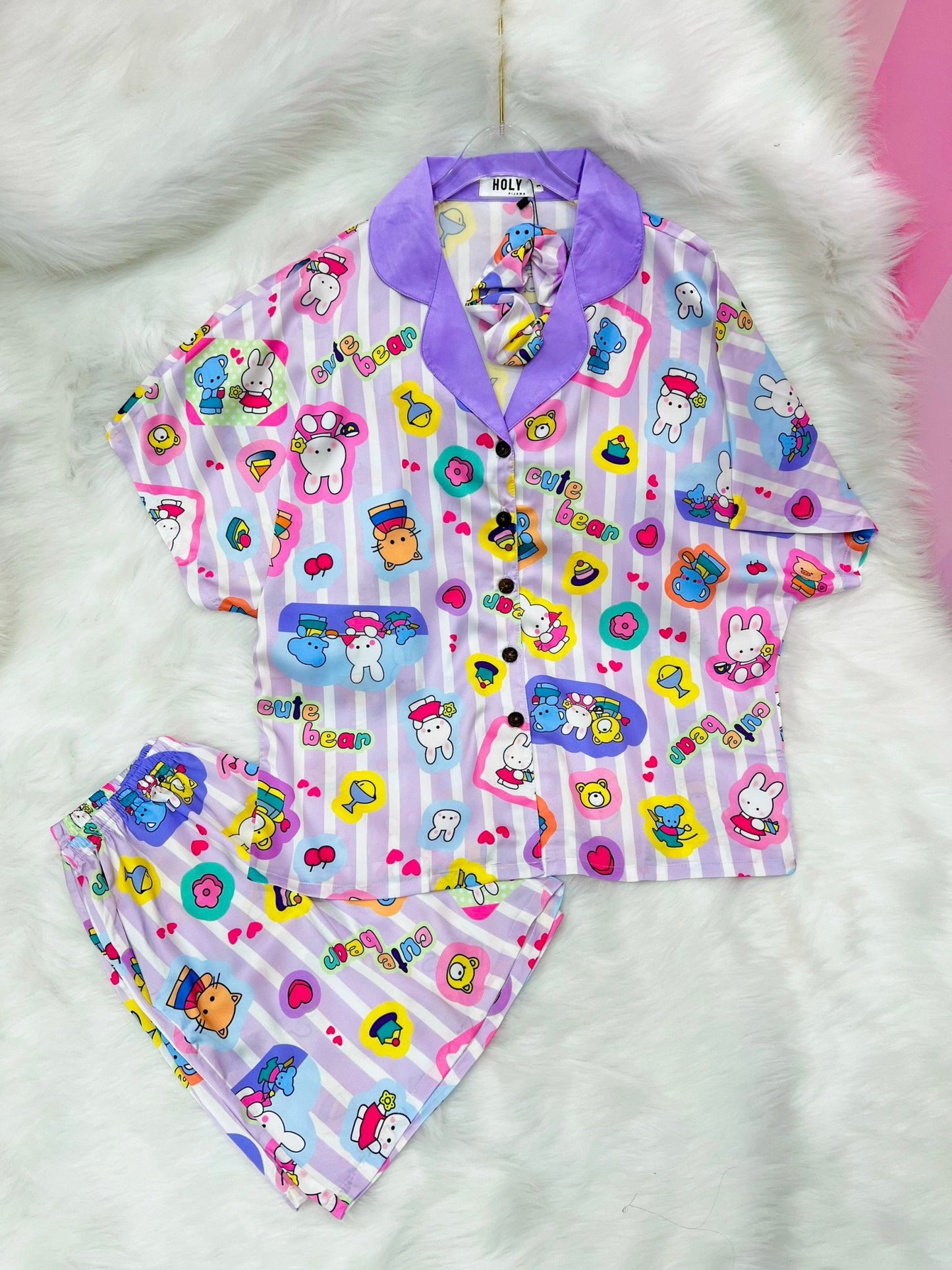 Purple Stripe Bunny and Friends Satin Pajamas Short Set