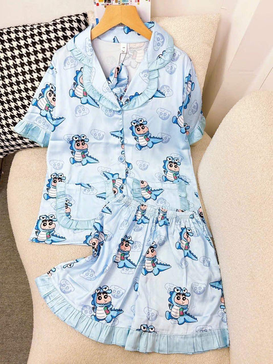 Blue Shin Chan Ruffle Detail Satin Pajama Short Set