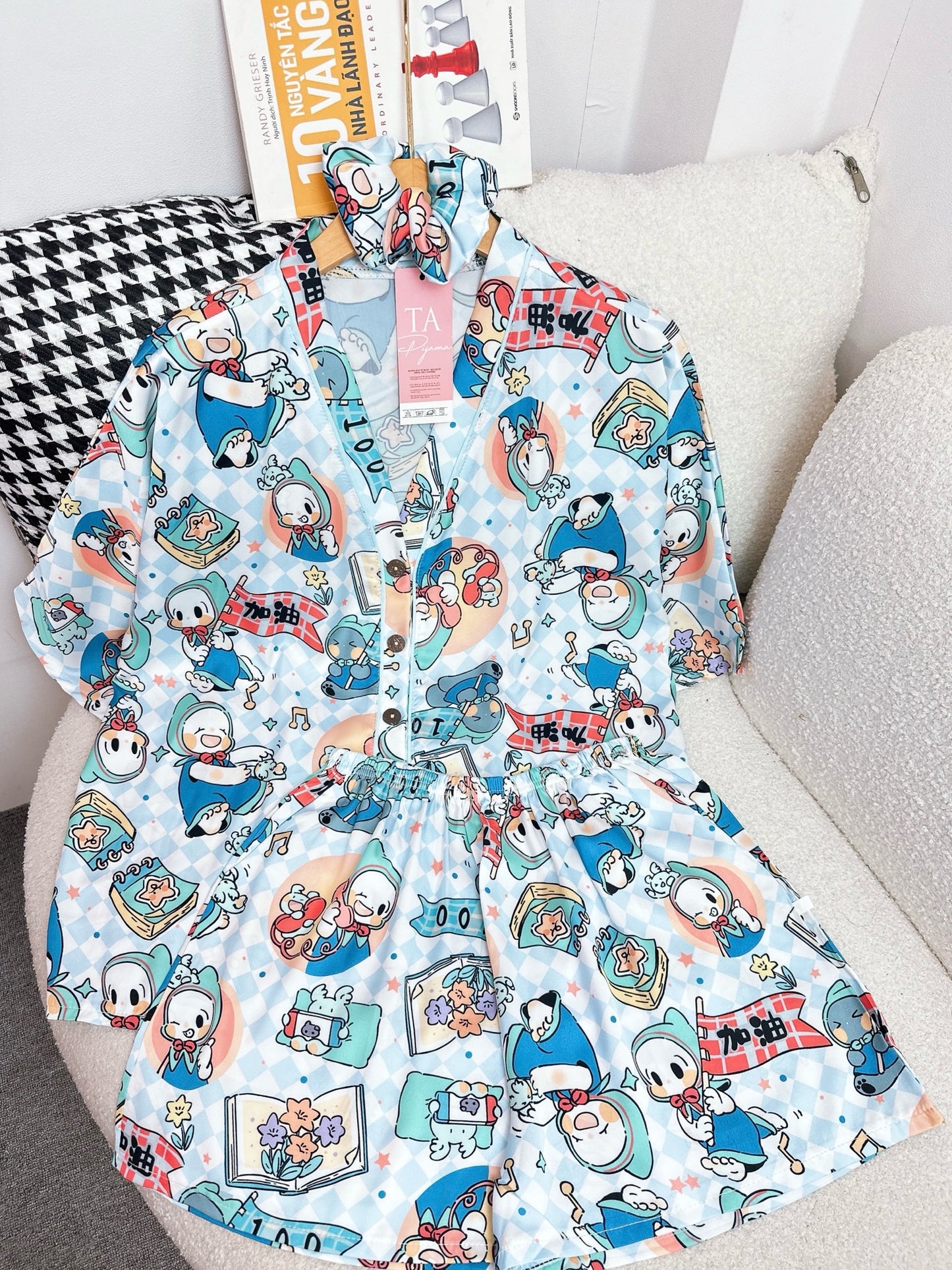 Blue Checkered Japanese Anime Character Satin Pajama Short Set