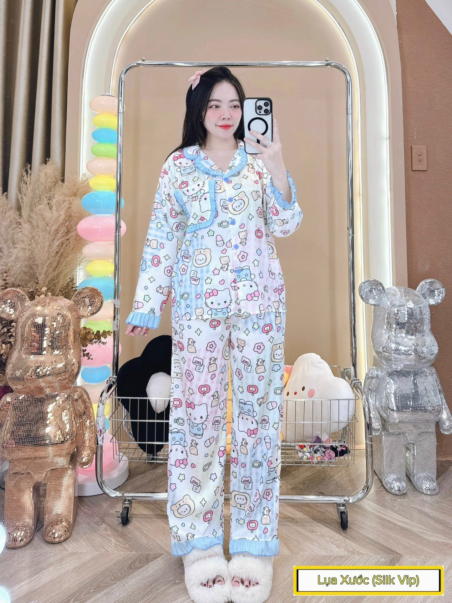 Pastel Blue Hello Kitty with Ruffle Detail Satin Pajama Long Sleeve