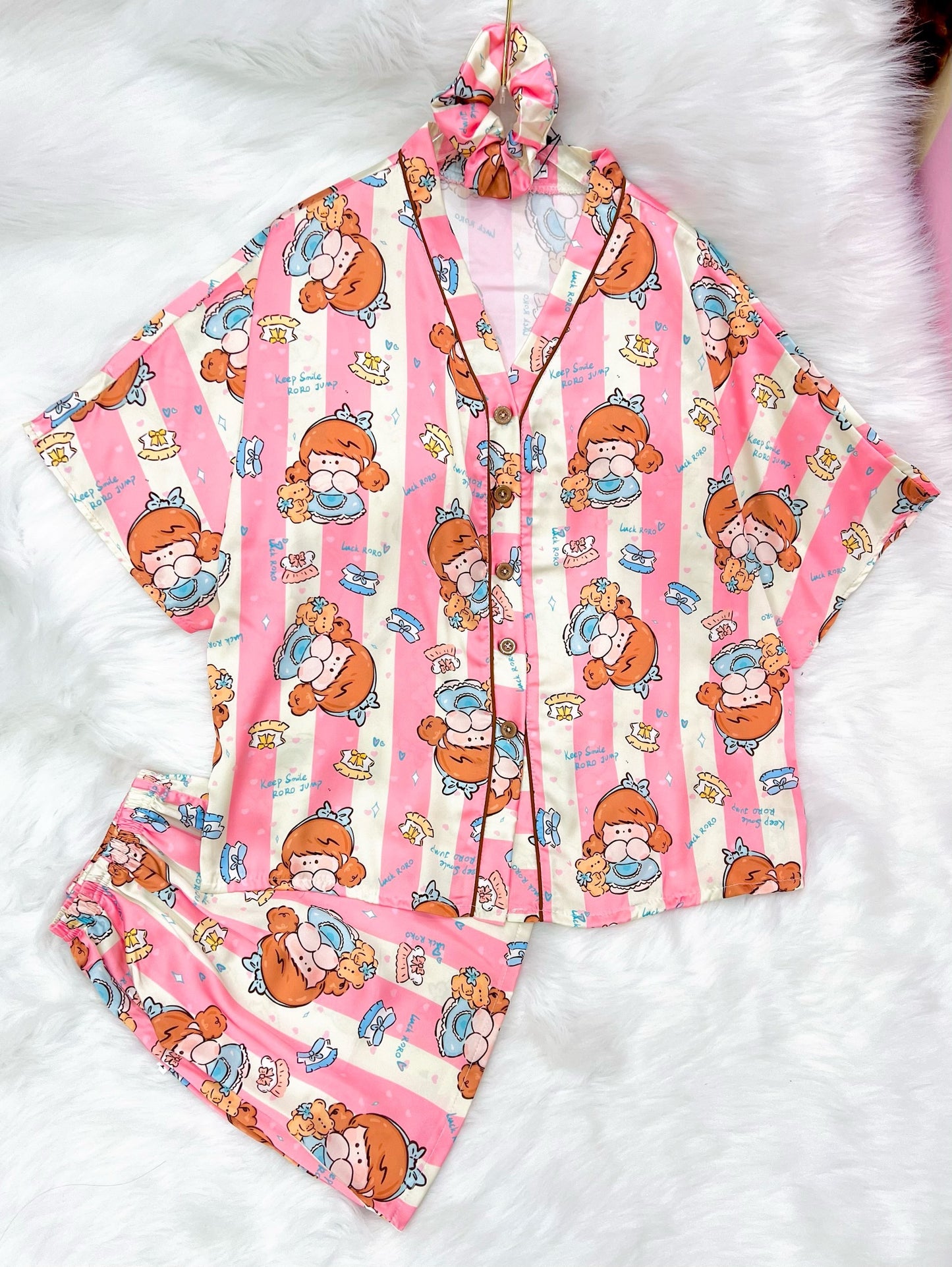 Pink Stripe Bakery Girl V Neck Satin Pajama Short Set