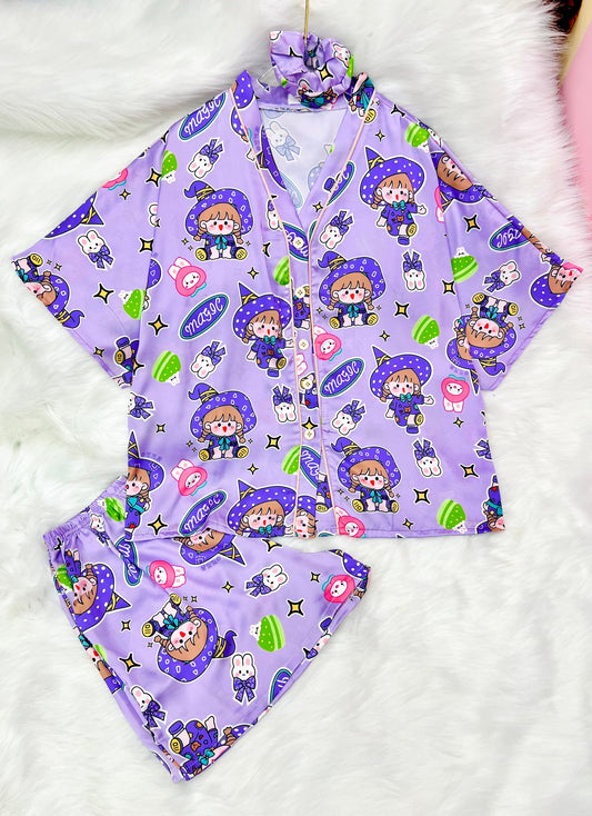 Purple Witch Satin V Neck Pajama Short Set