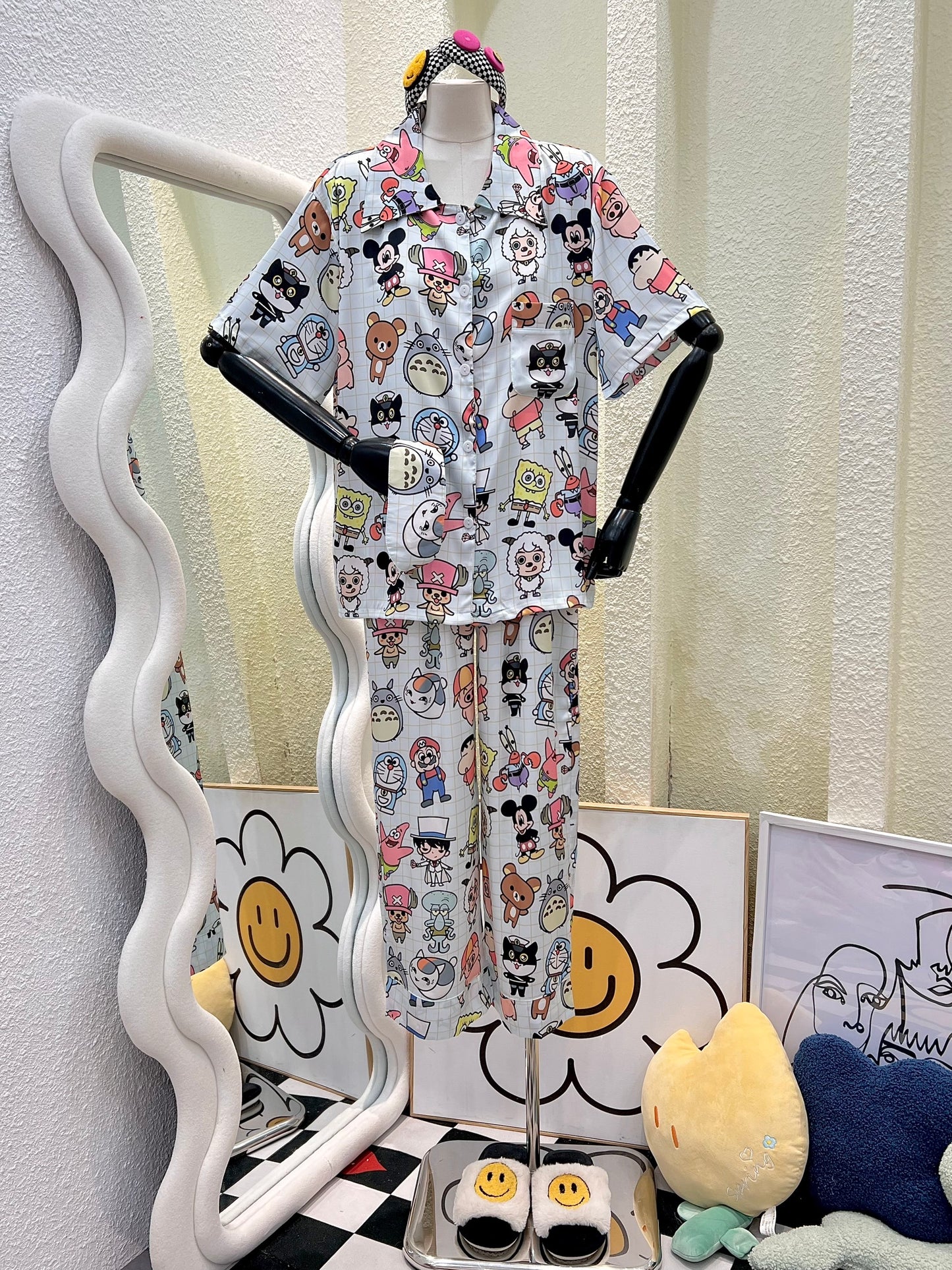 White Checkered Characters Short Sleeve