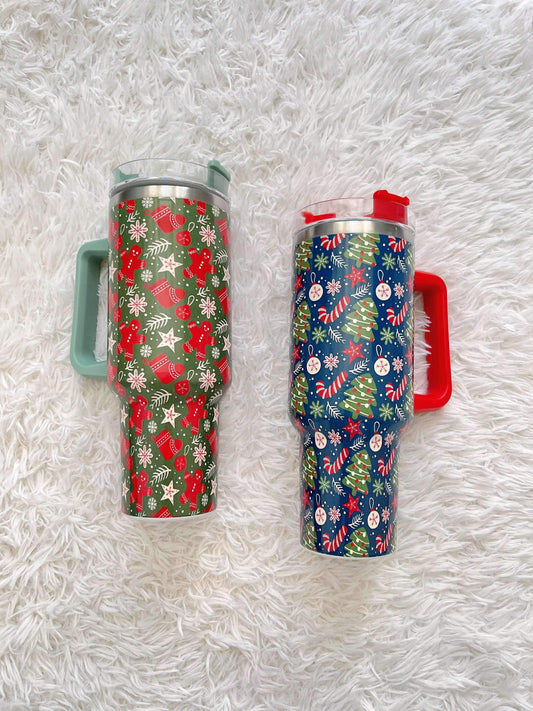 40oz Christmas Tumbler - Stainless Steel, Holiday Pattern, Insulated for Cold Drinks