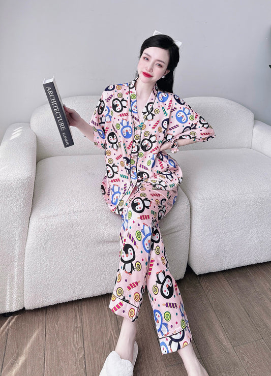 V Neck Penguin Satin Short Sleeve