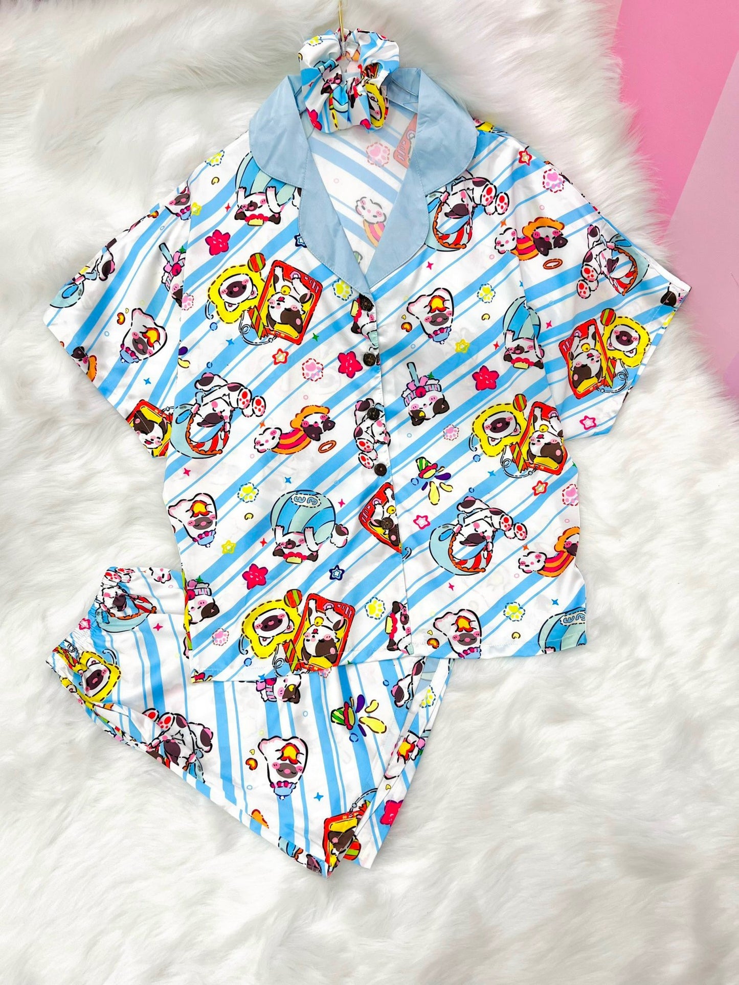 Blue Stripe Cute Little Dog Satin Pajama Short Set